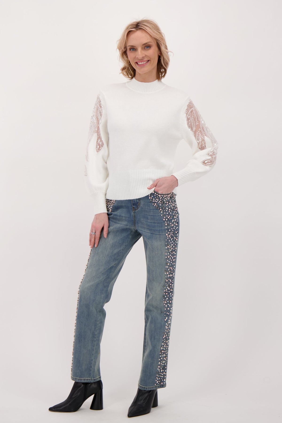 Beaded Sleeve Inlay Floral Chiffon Sweater