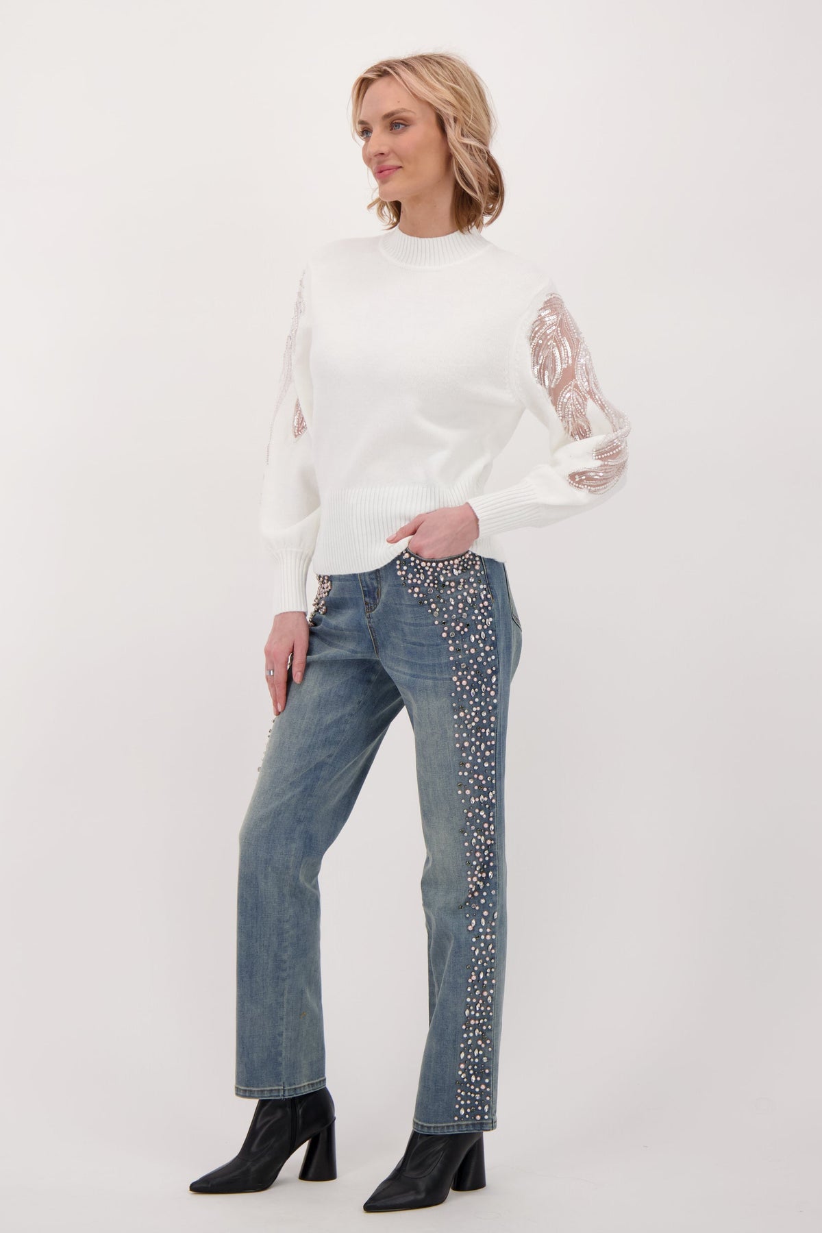 Side Seam Pearl Beading Denim Pant
