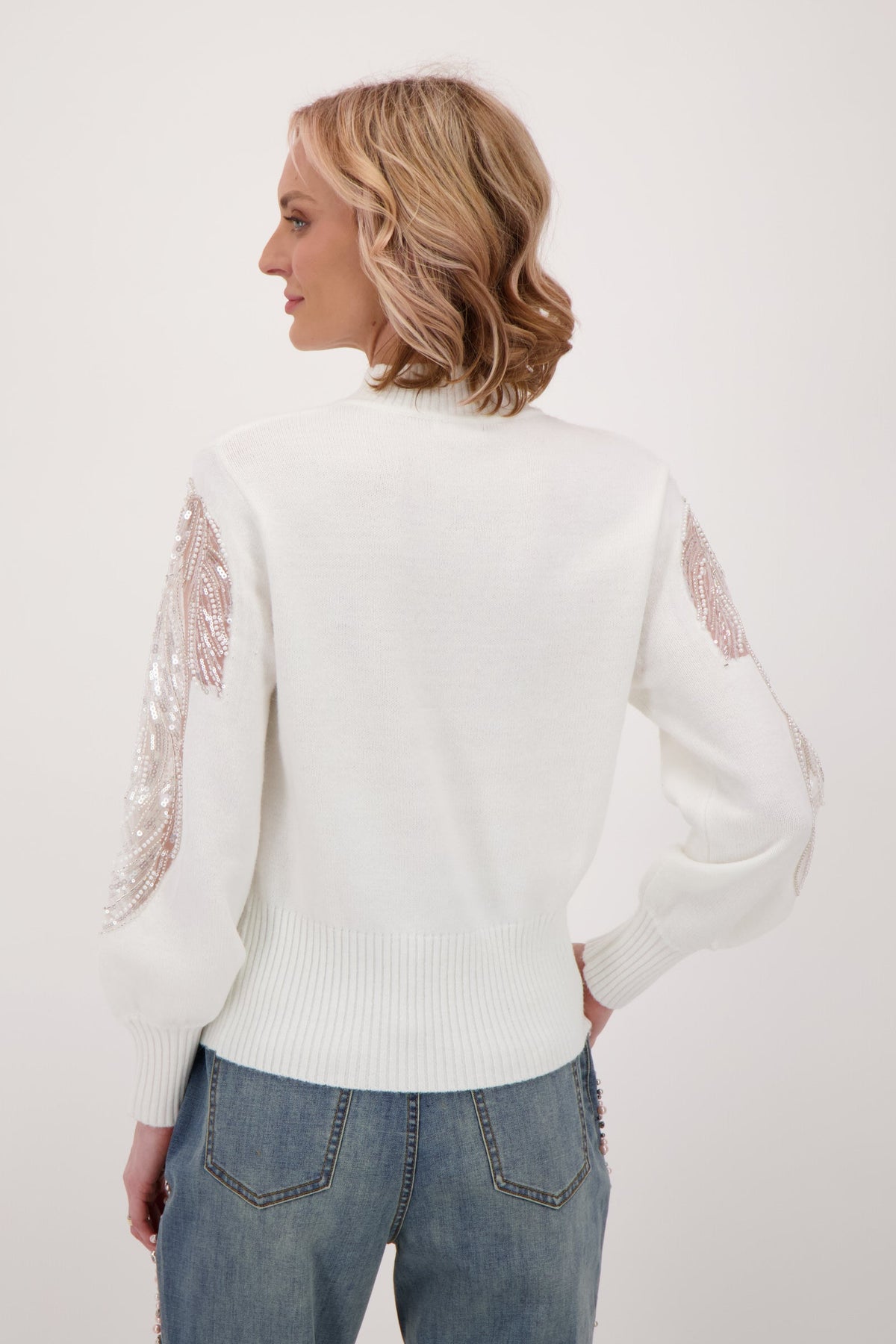 Beaded Sleeve Inlay Floral Chiffon Sweater