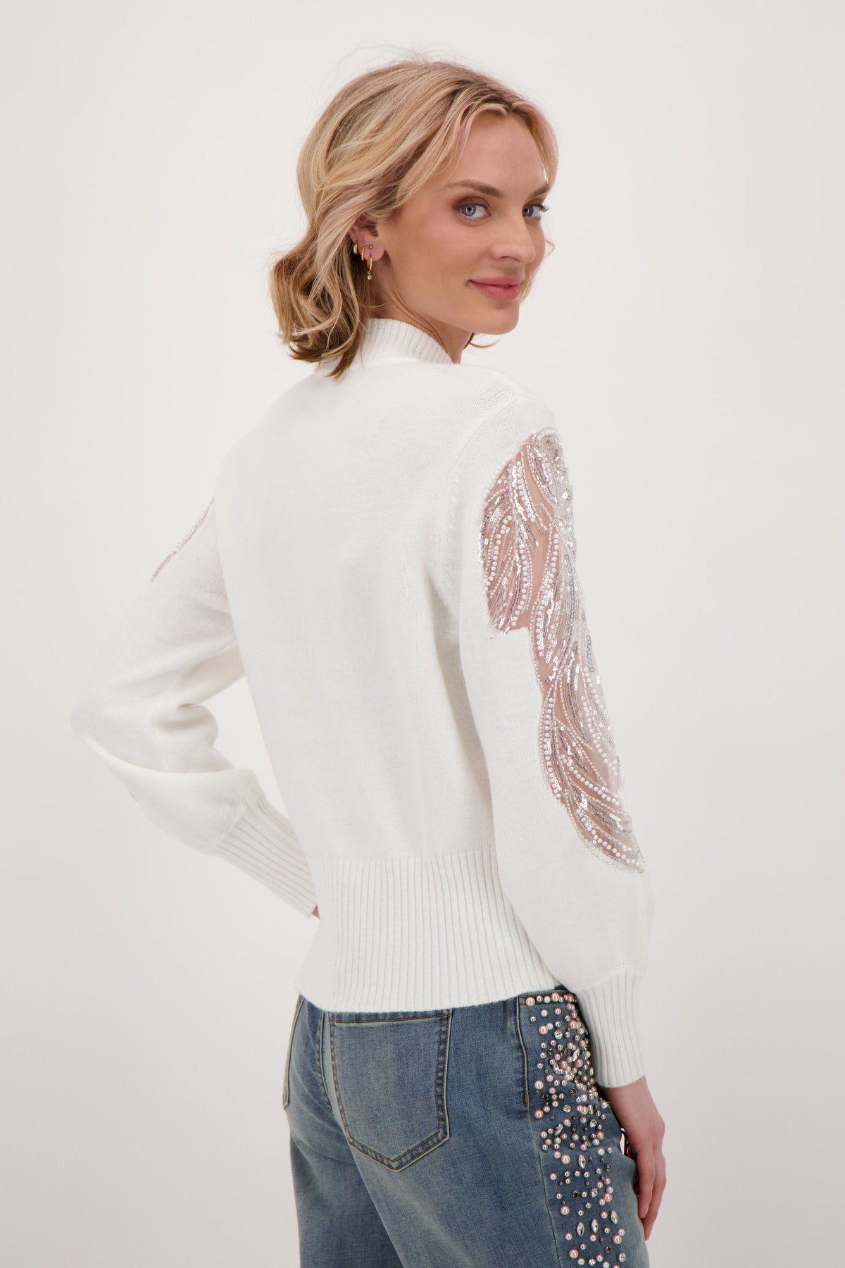 Beaded Sleeve Inlay Floral Chiffon Sweater