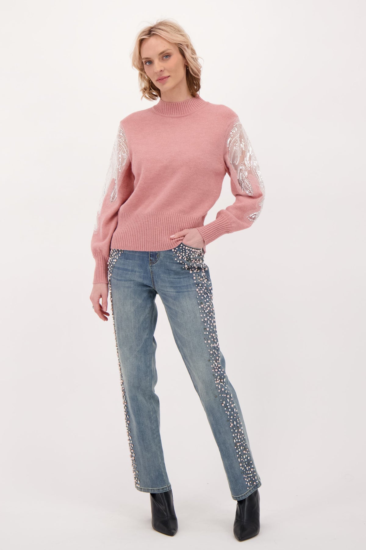 Beaded Sleeve Inlay Floral Chiffon Sweater