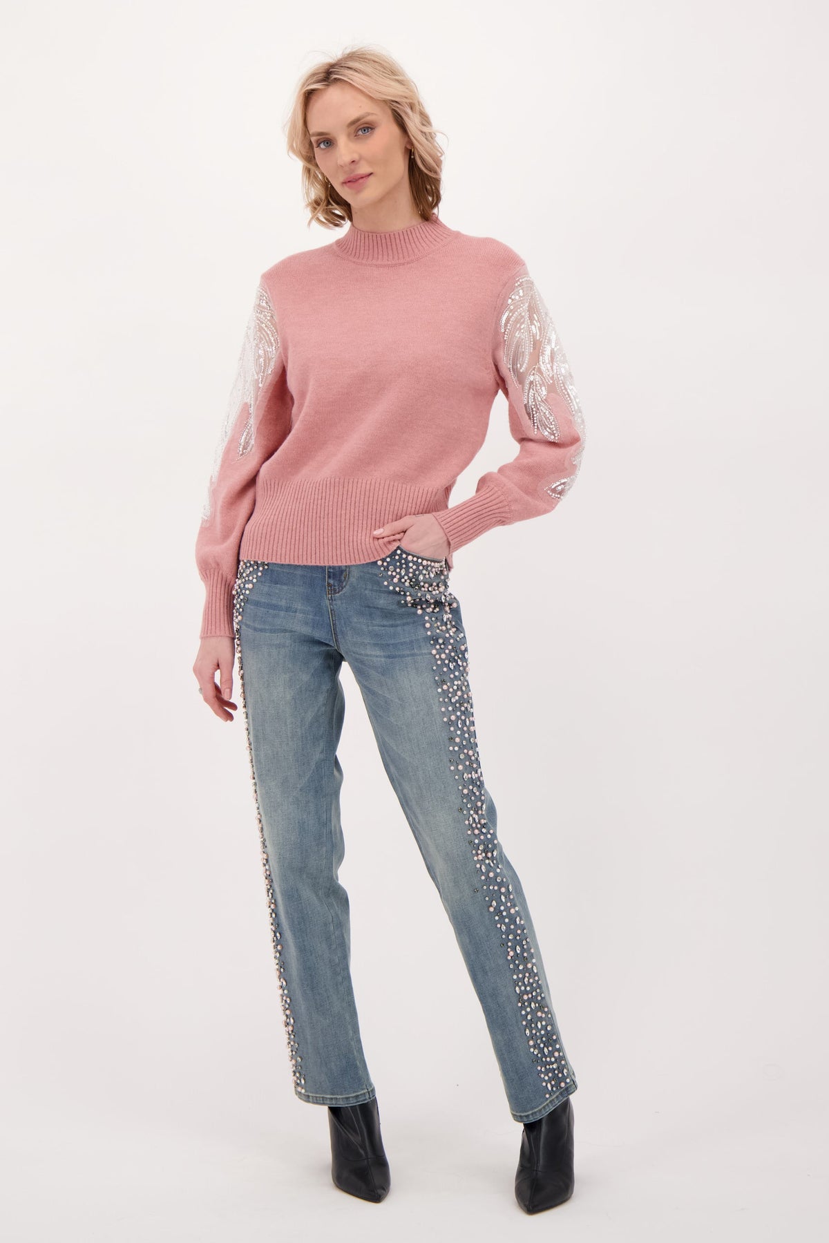 Side Seam Pearl Beading Denim Pant