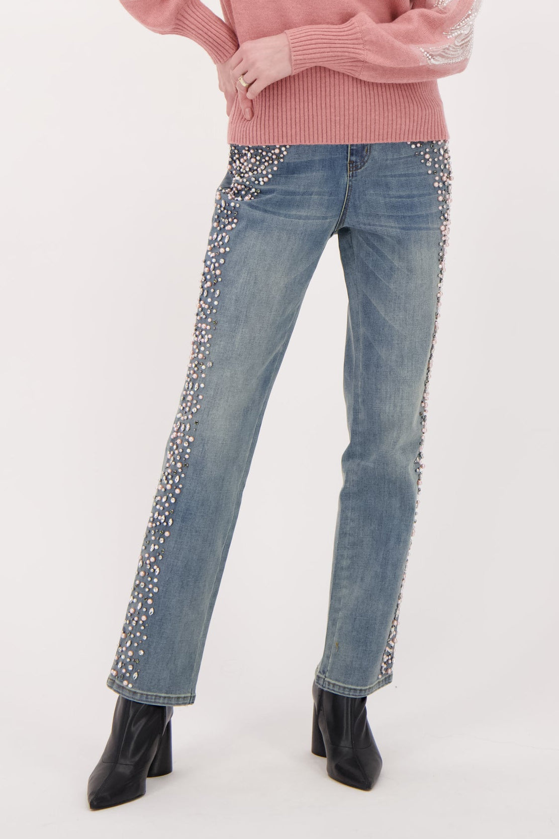 Side Seam Pearl Beading Denim Pant