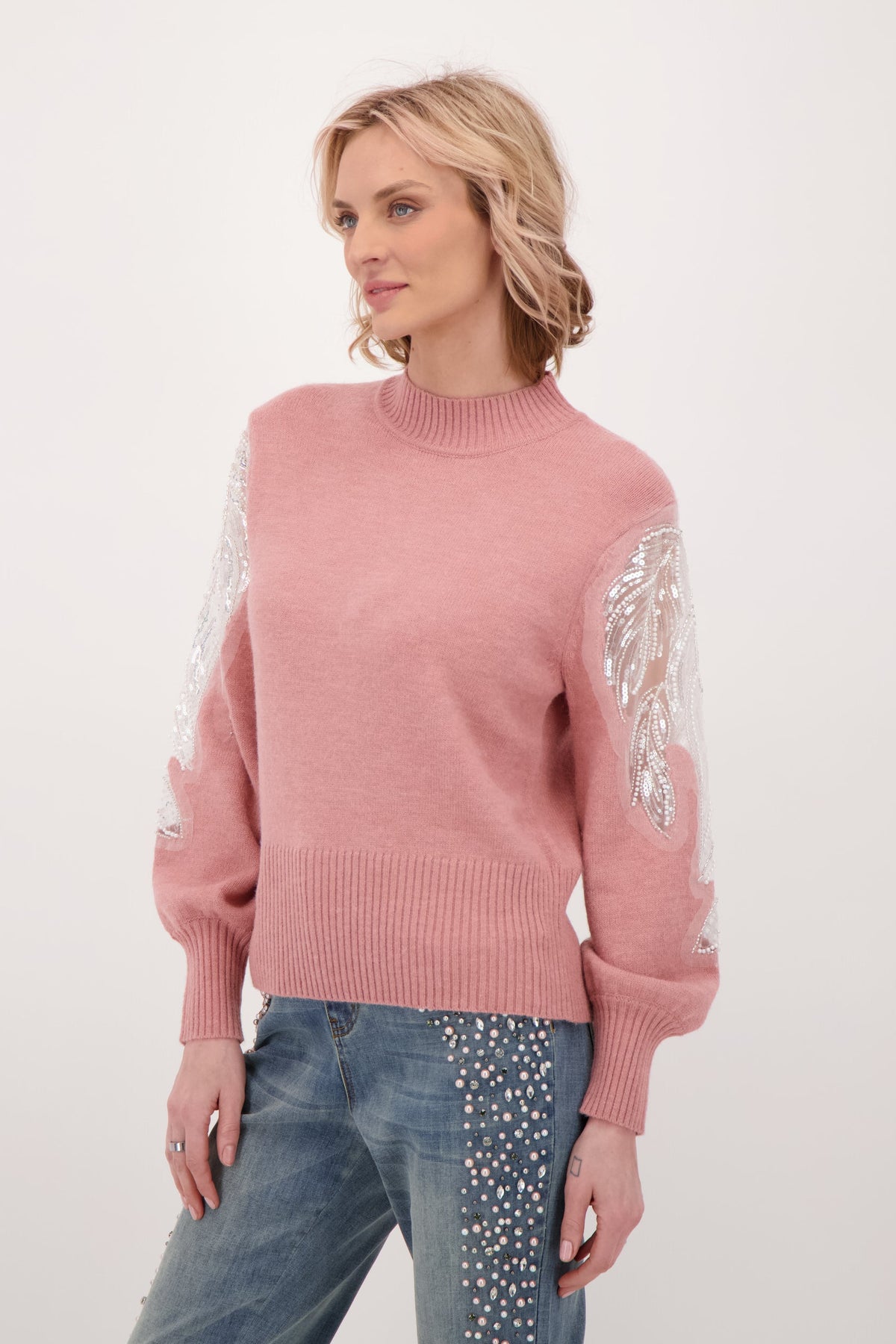 Beaded Sleeve Inlay Floral Chiffon Sweater