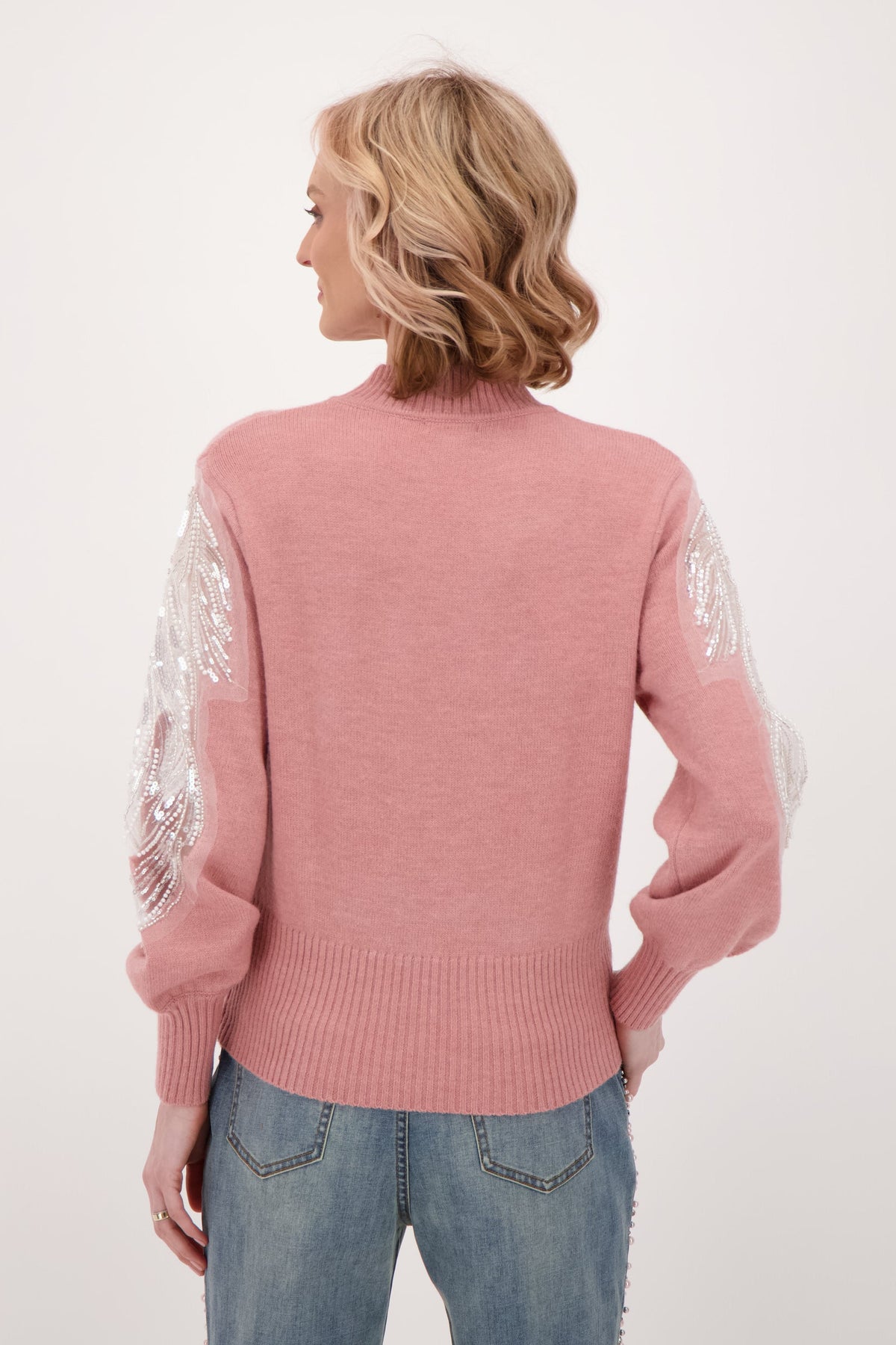 Beaded Sleeve Inlay Floral Chiffon Sweater