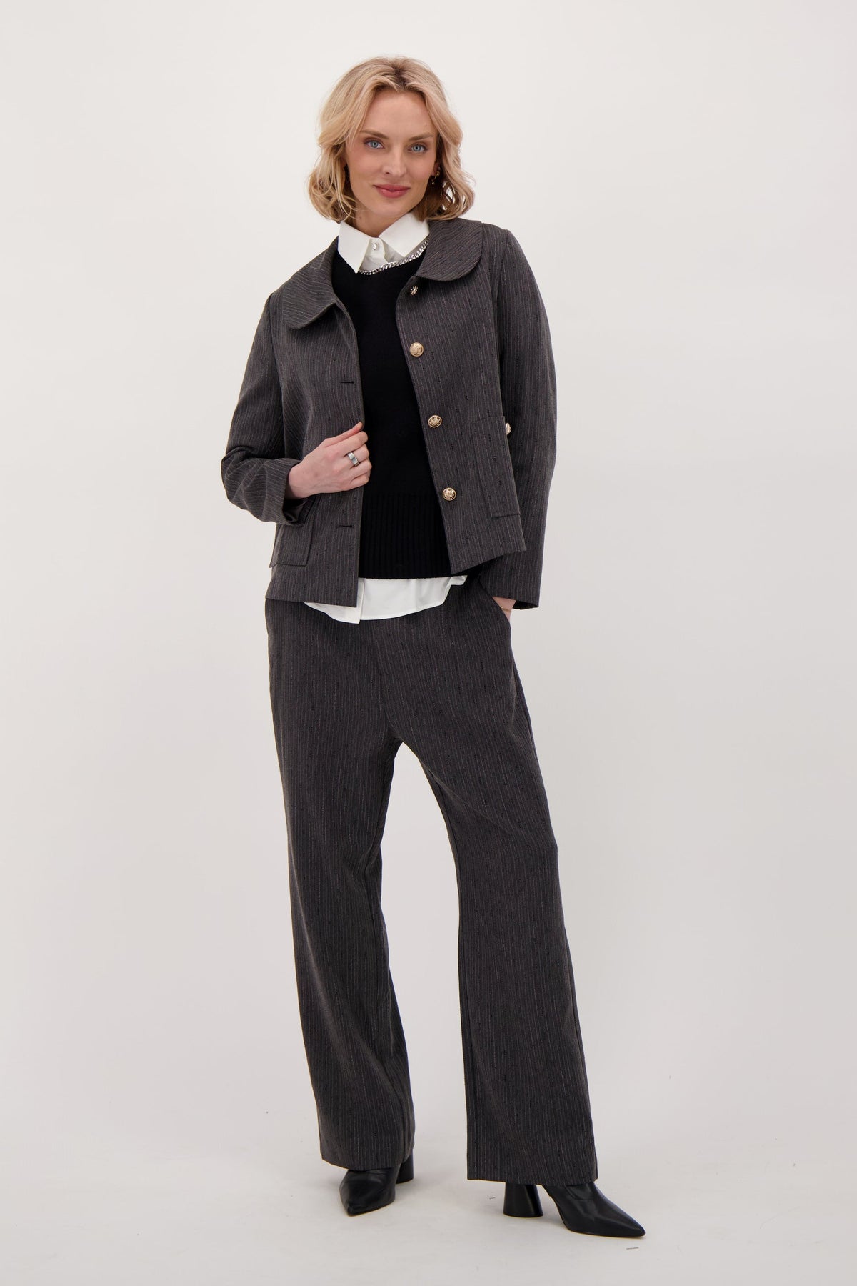 Beaded Hot Fix Pinstripe Back Pleated Jacket