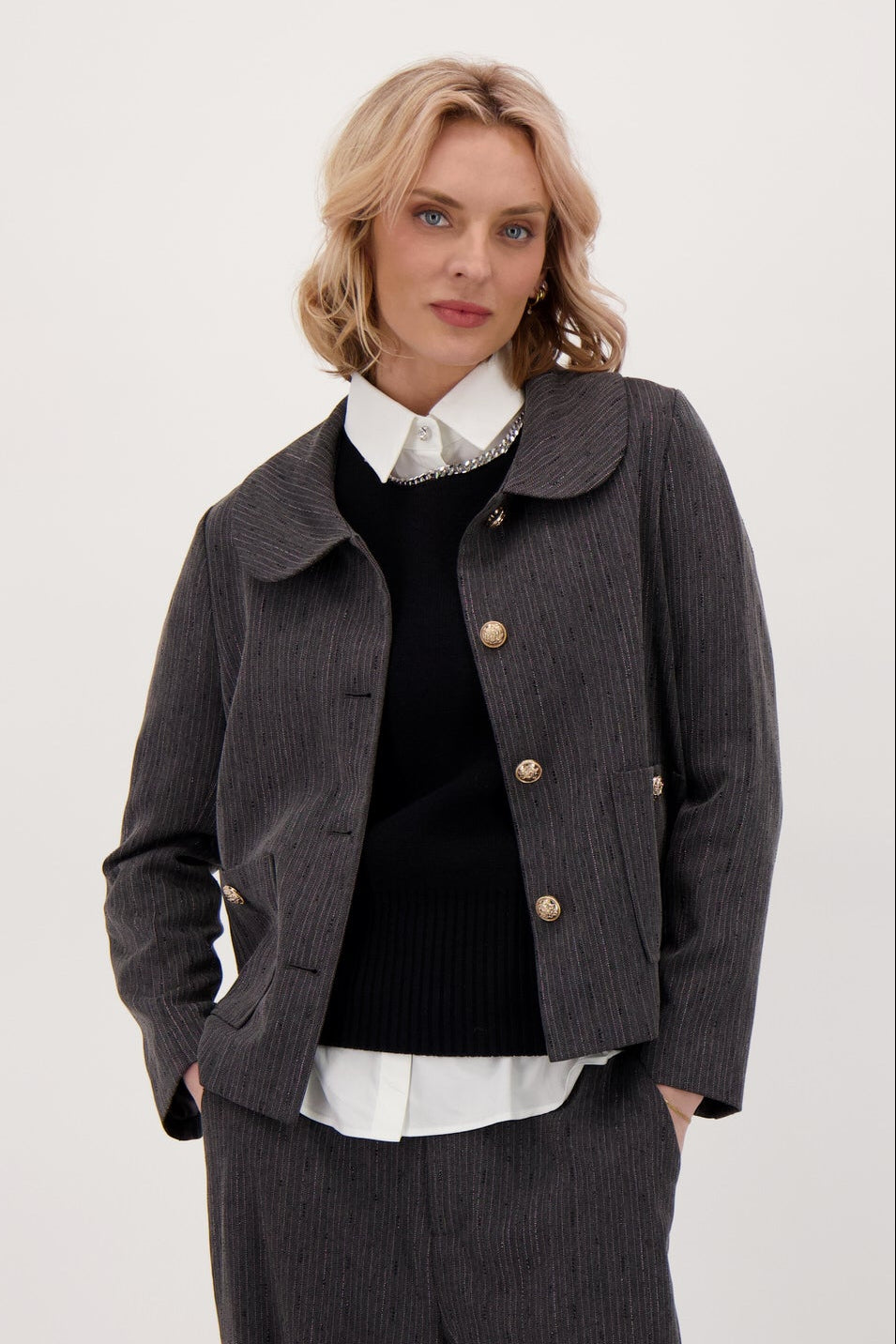 Beaded Hot Fix Pinstripe Back Pleated Jacket