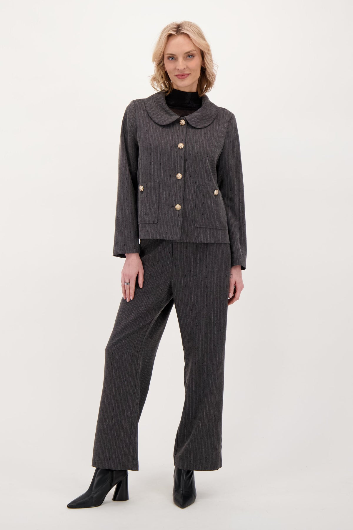 Beaded Hot Fix Pinstripe Back Pleated Jacket