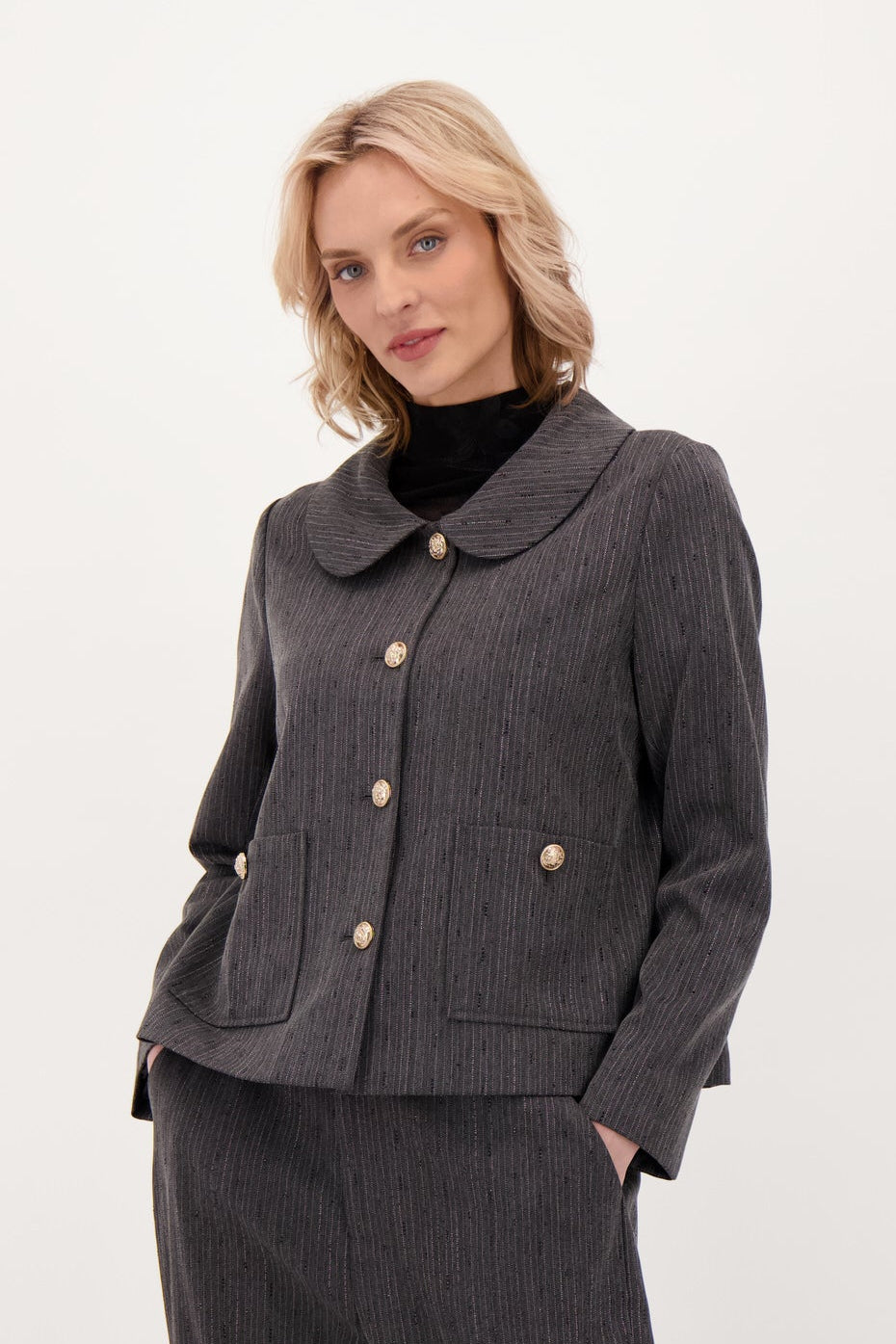 Beaded Hot Fix Pinstripe Back Pleated Jacket