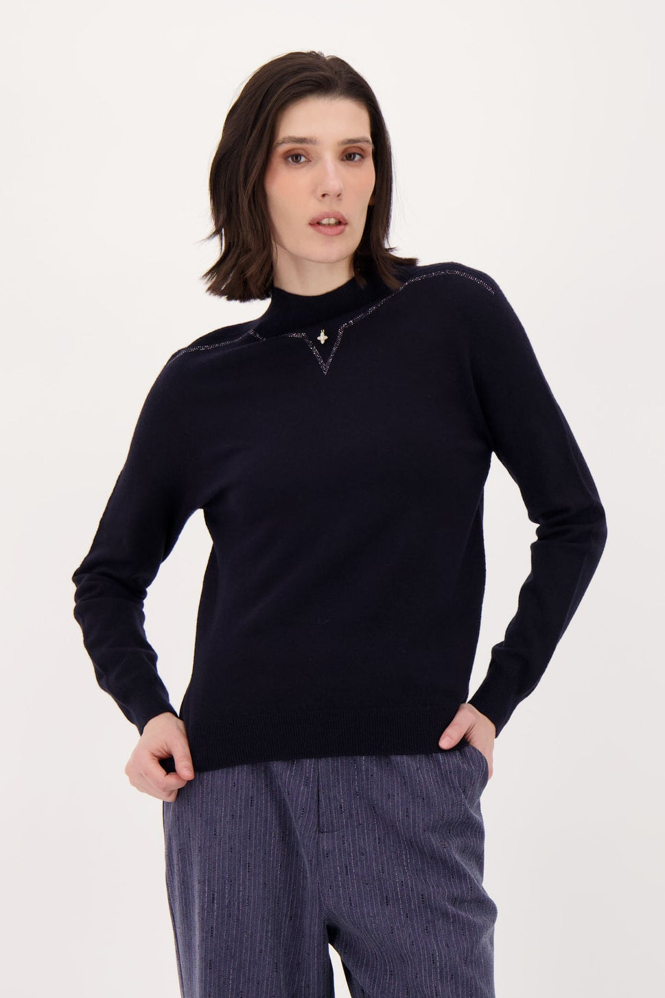 Mock Neck Sweater Wiith Neckline Hot Fix Beads