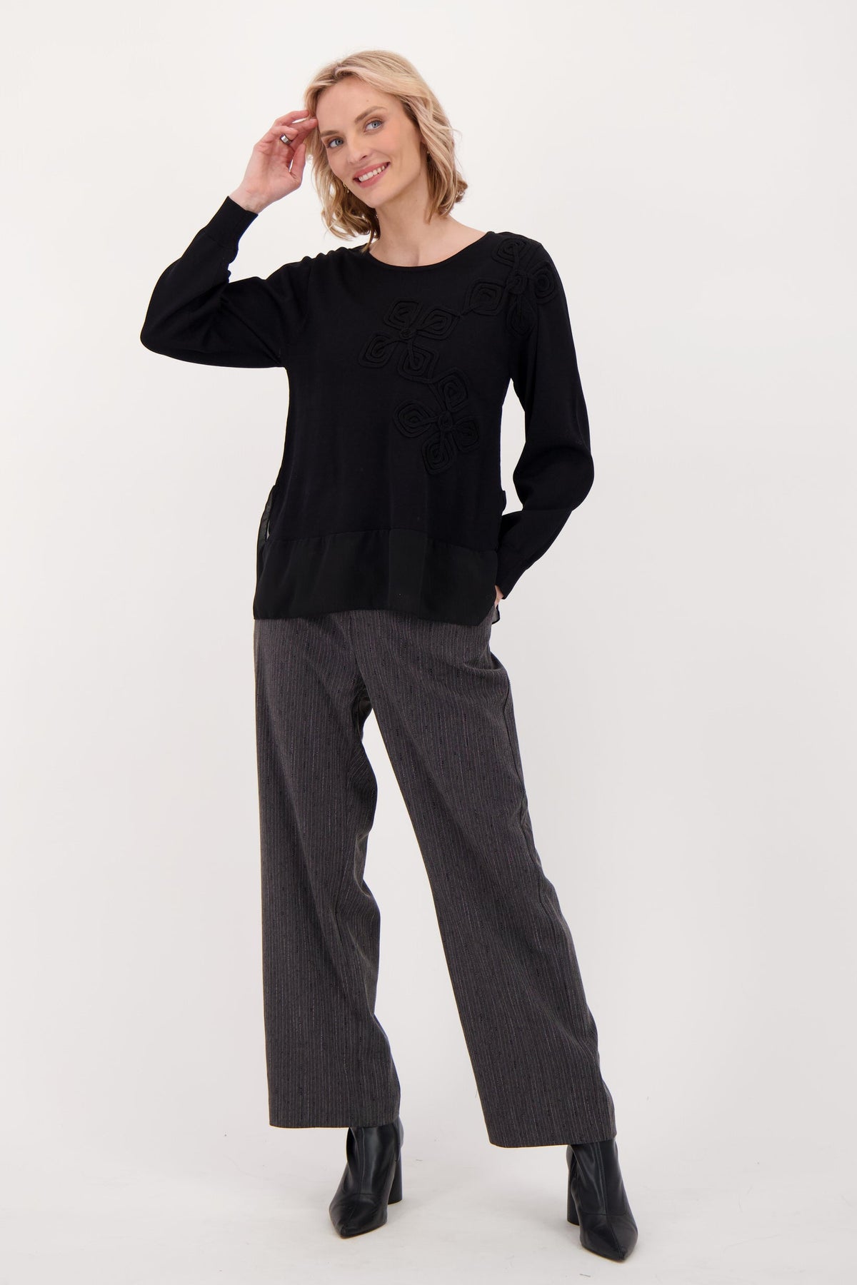 Soutache Sweater With Chiffon Trim