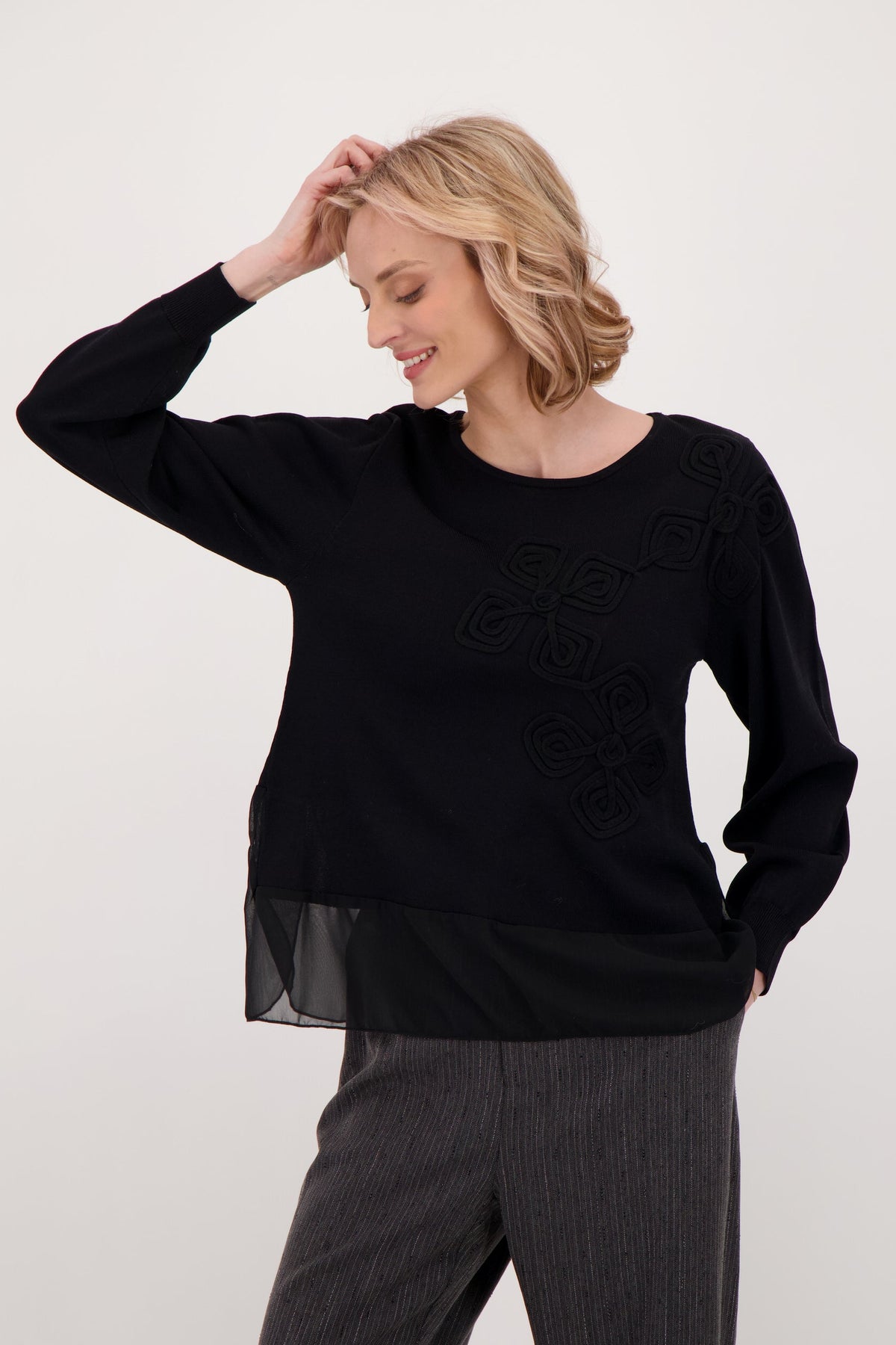 Soutache Sweater With Chiffon Trim