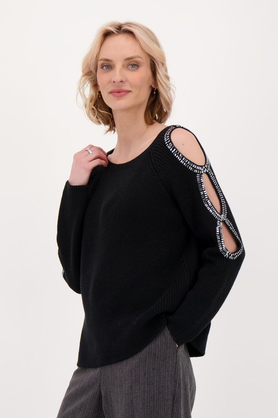 Embellished Peek-A-Boo Sleeve Sweater