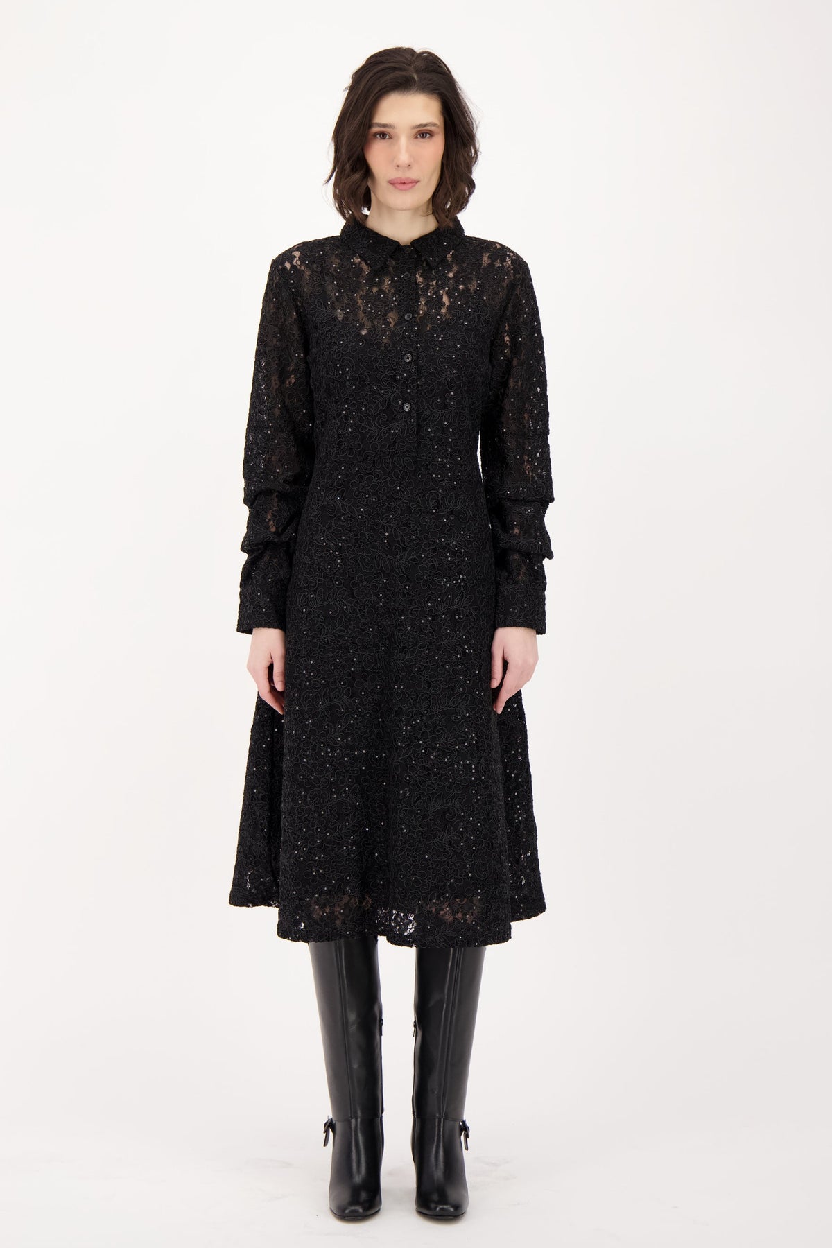 Lace Shirt Dress With Ruched Sleeves