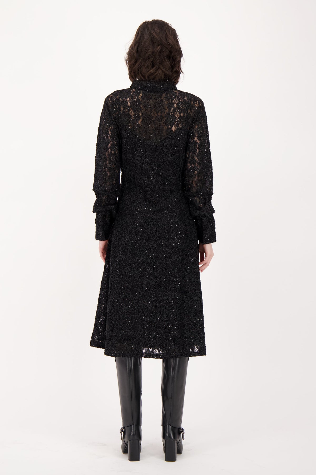 Lace Shirt Dress With Ruched Sleeves