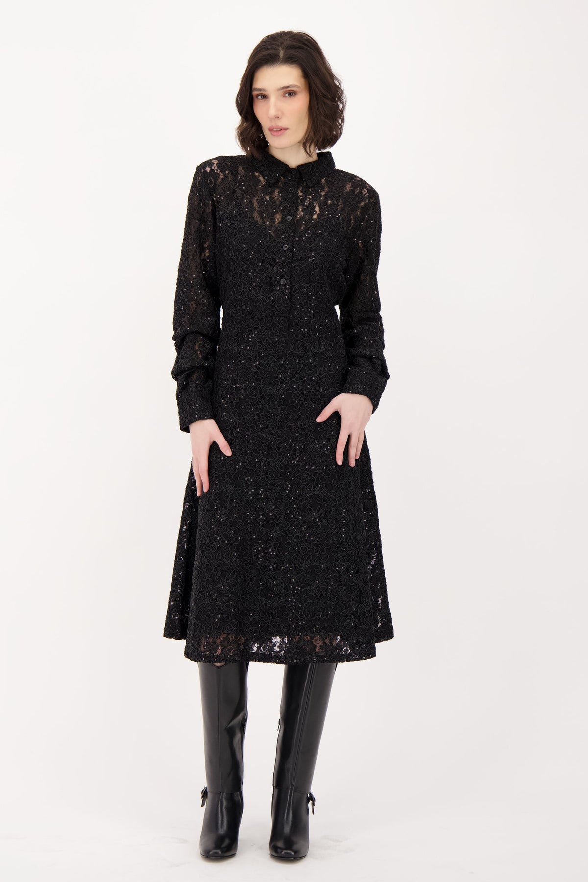 Lace Shirt Dress With Ruched Sleeves