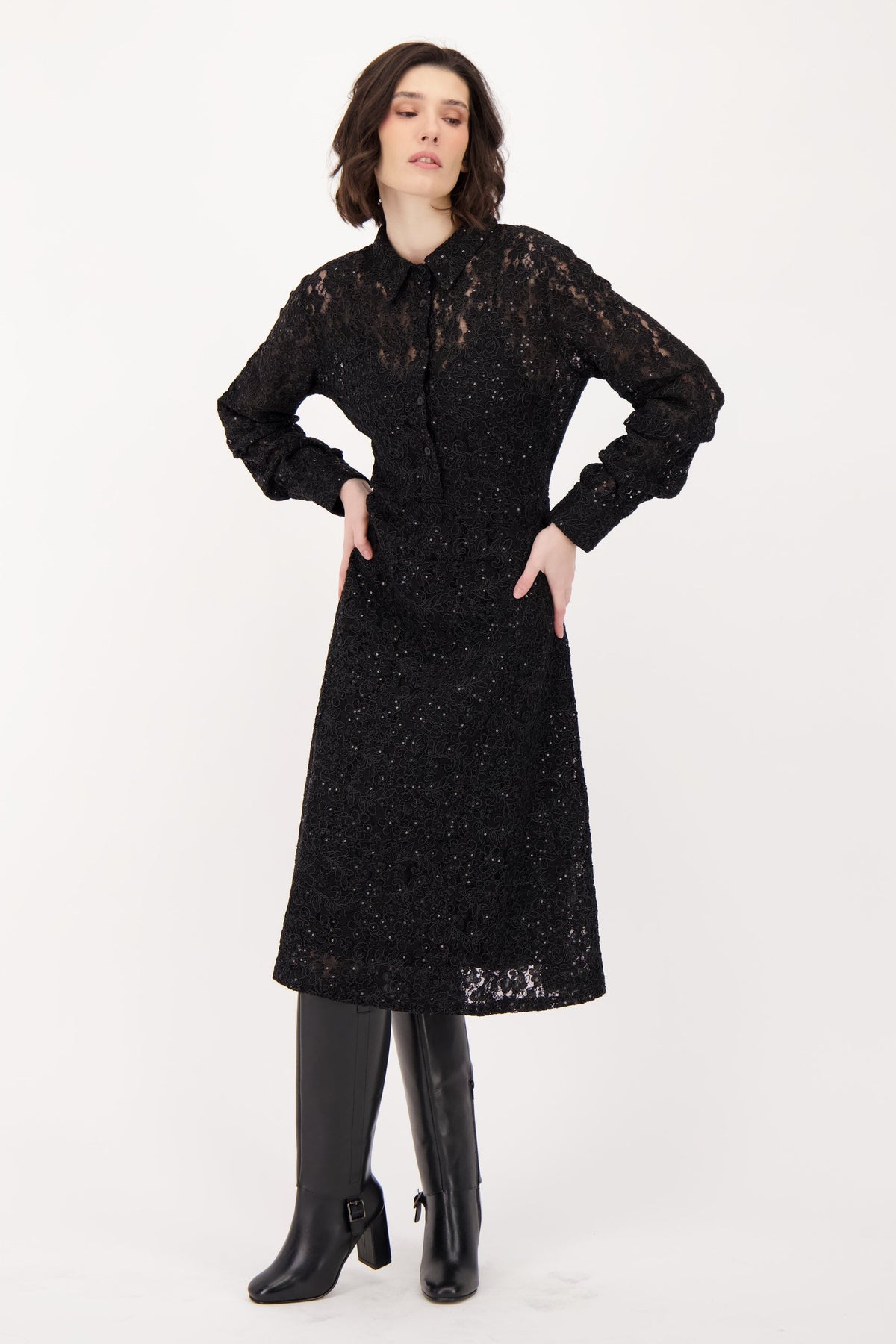 Lace Shirt Dress With Ruched Sleeves