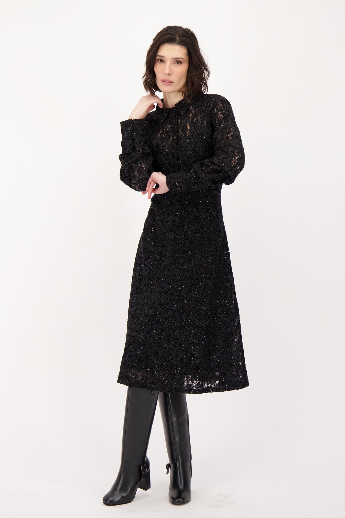 Lace Shirt Dress With Ruched Sleeves
