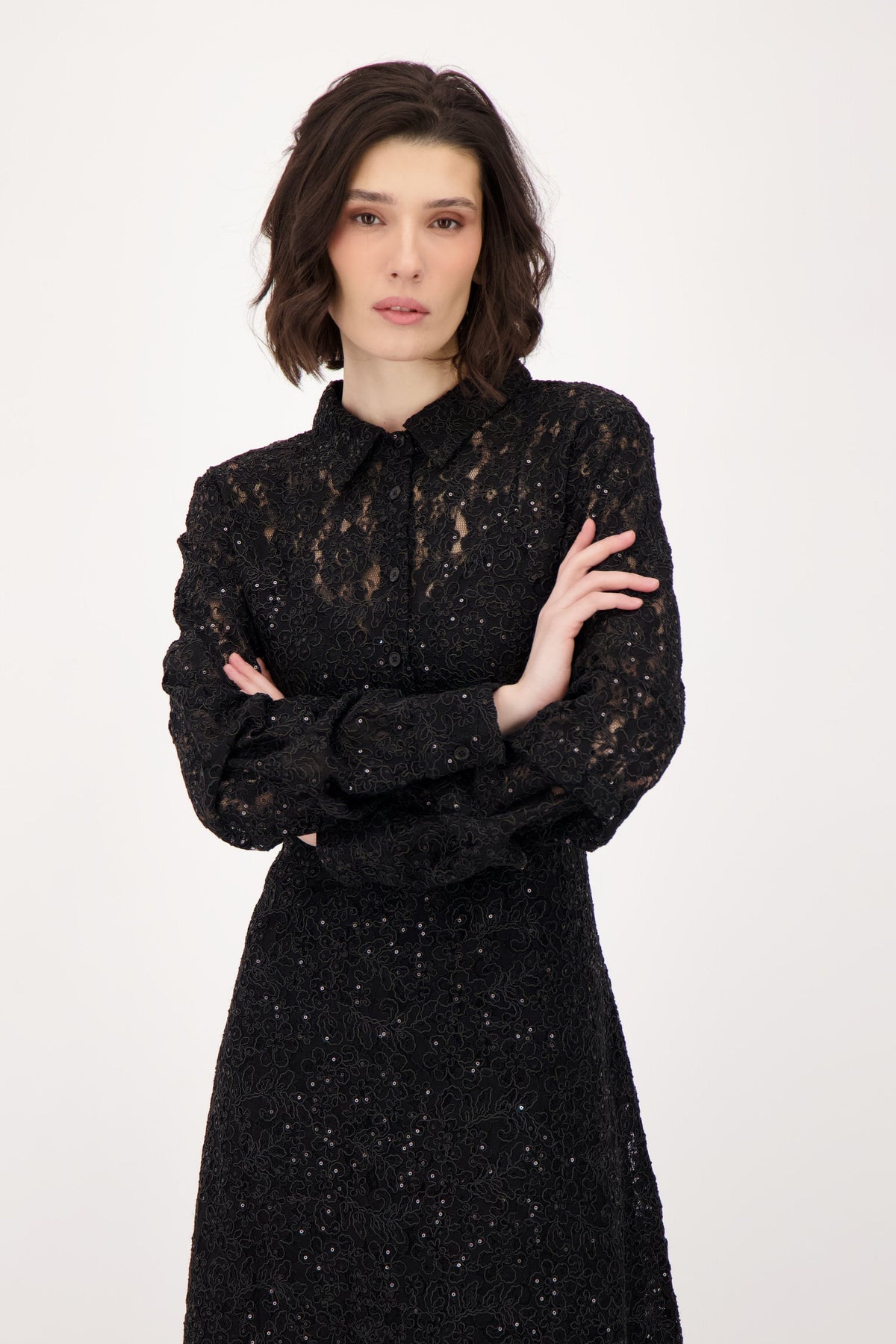 Lace Shirt Dress With Ruched Sleeves