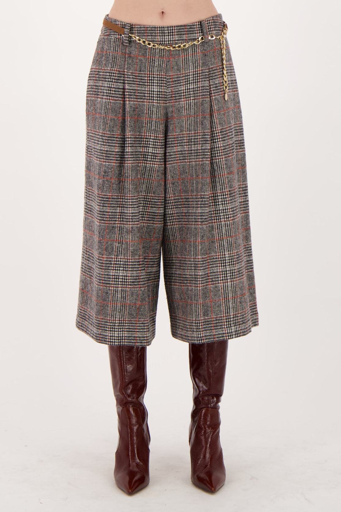 Check Wide Leg Capri Pant With Chain Belt