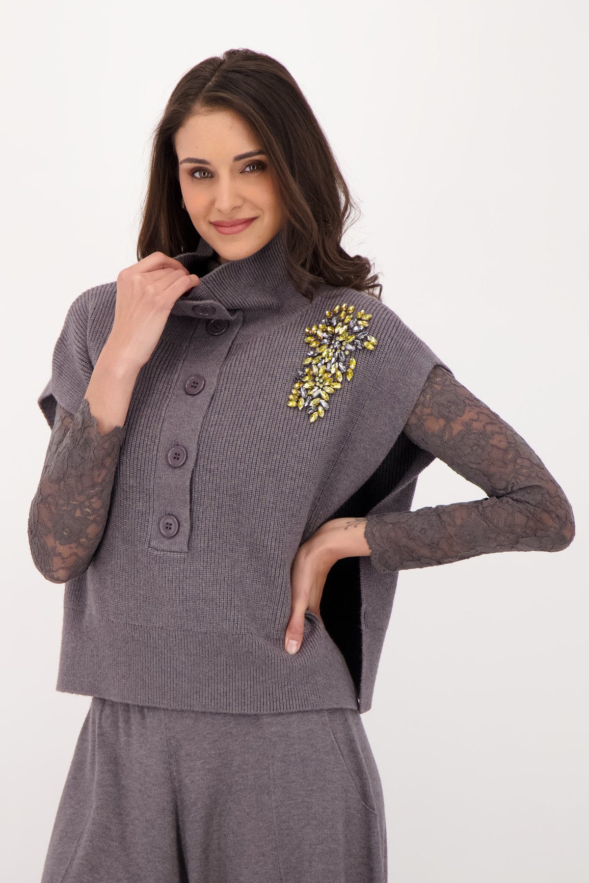Jewelled Mock Neck Knit Vest