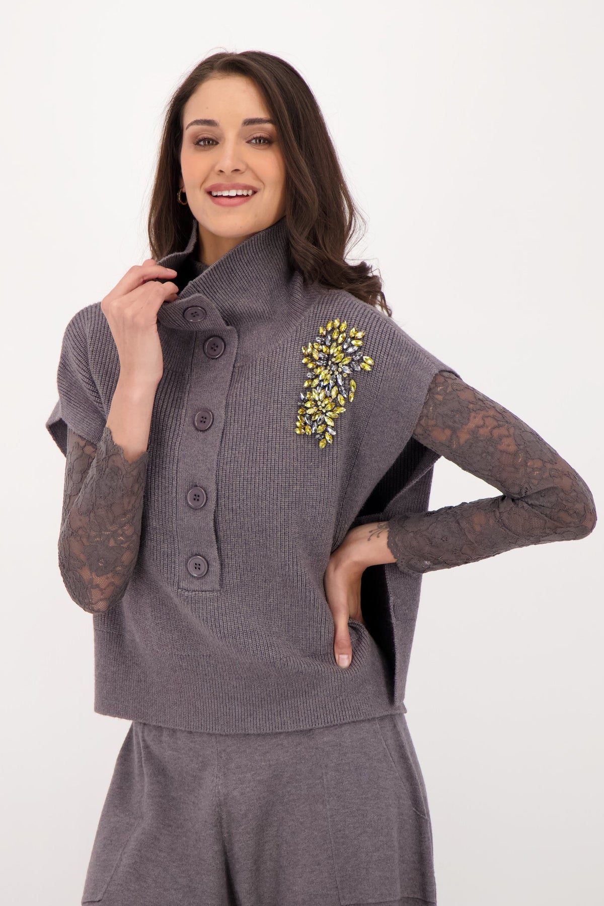 Jewelled Mock Neck Knit Vest