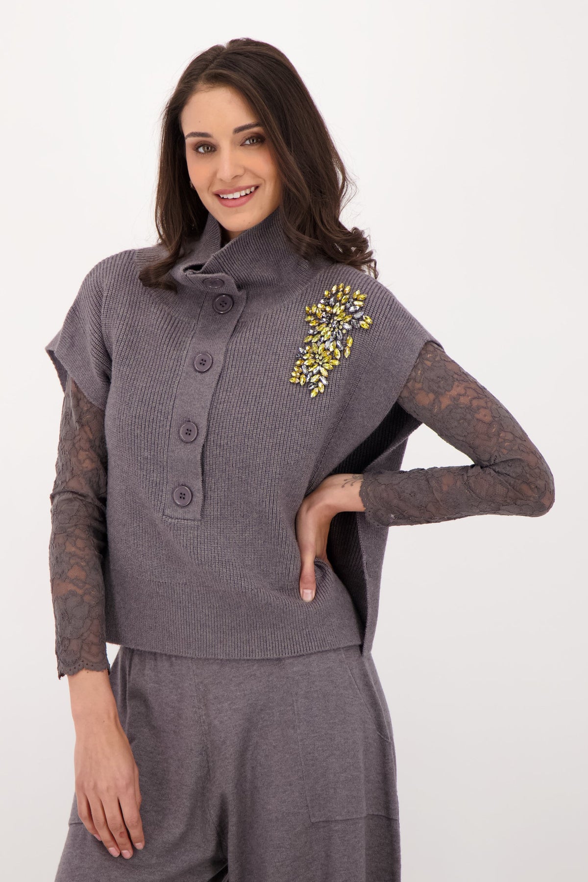 Jewelled Mock Neck Knit Vest