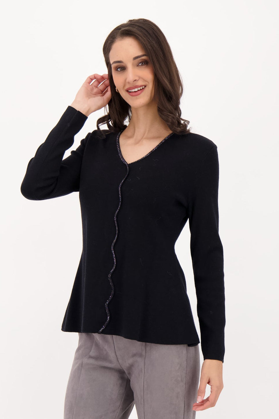 Scallop Rhinestone V-Neck Sweater