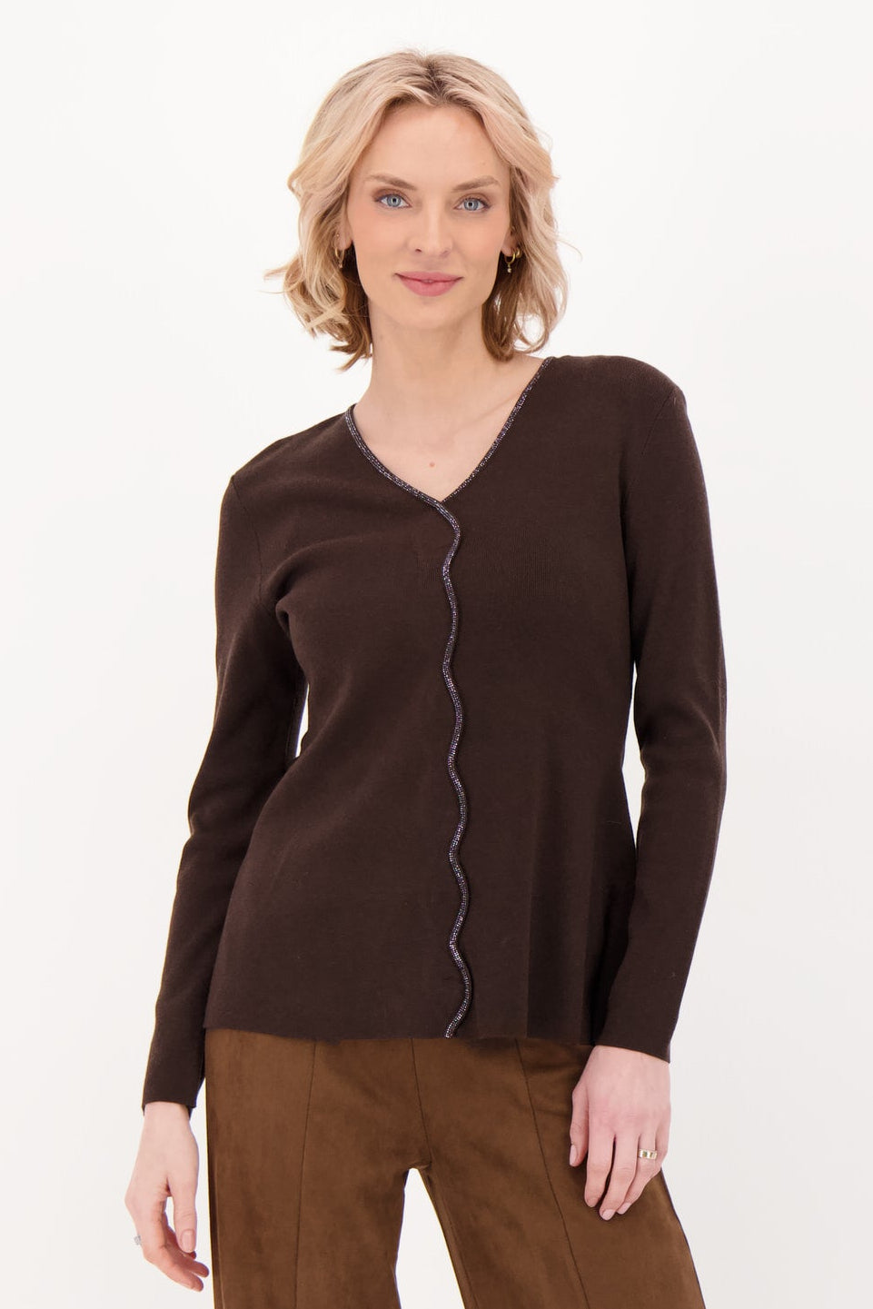 Scallop Rhinestone V-Neck Sweater