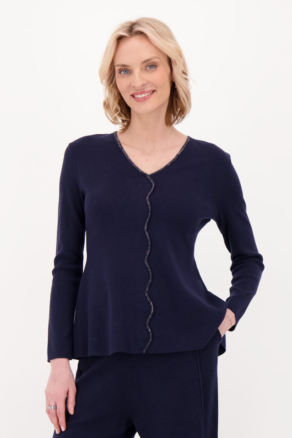 Scallop Rhinestone V-Neck Sweater