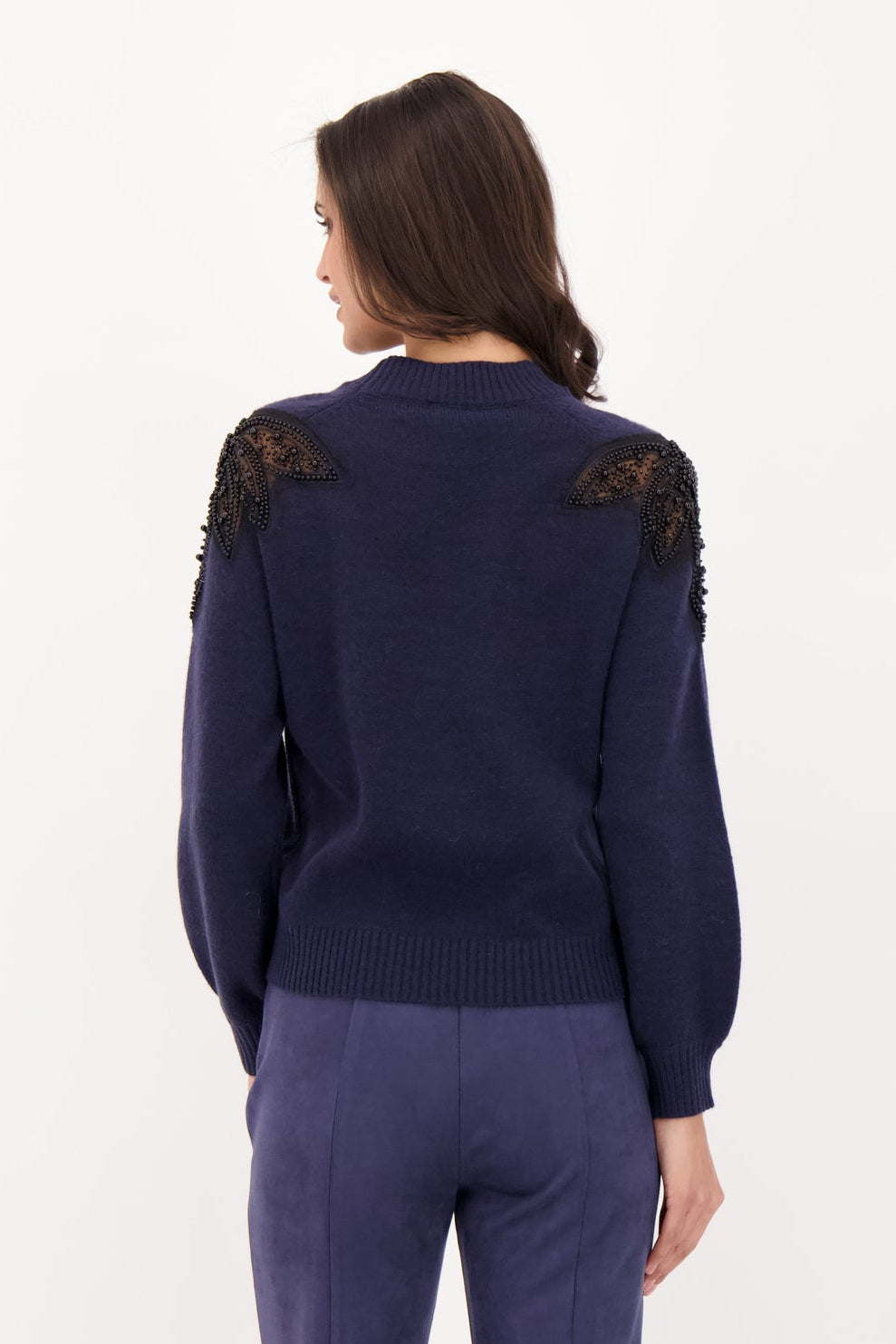 Beaded Shoulder Inlay Floral Chiffon Sweater