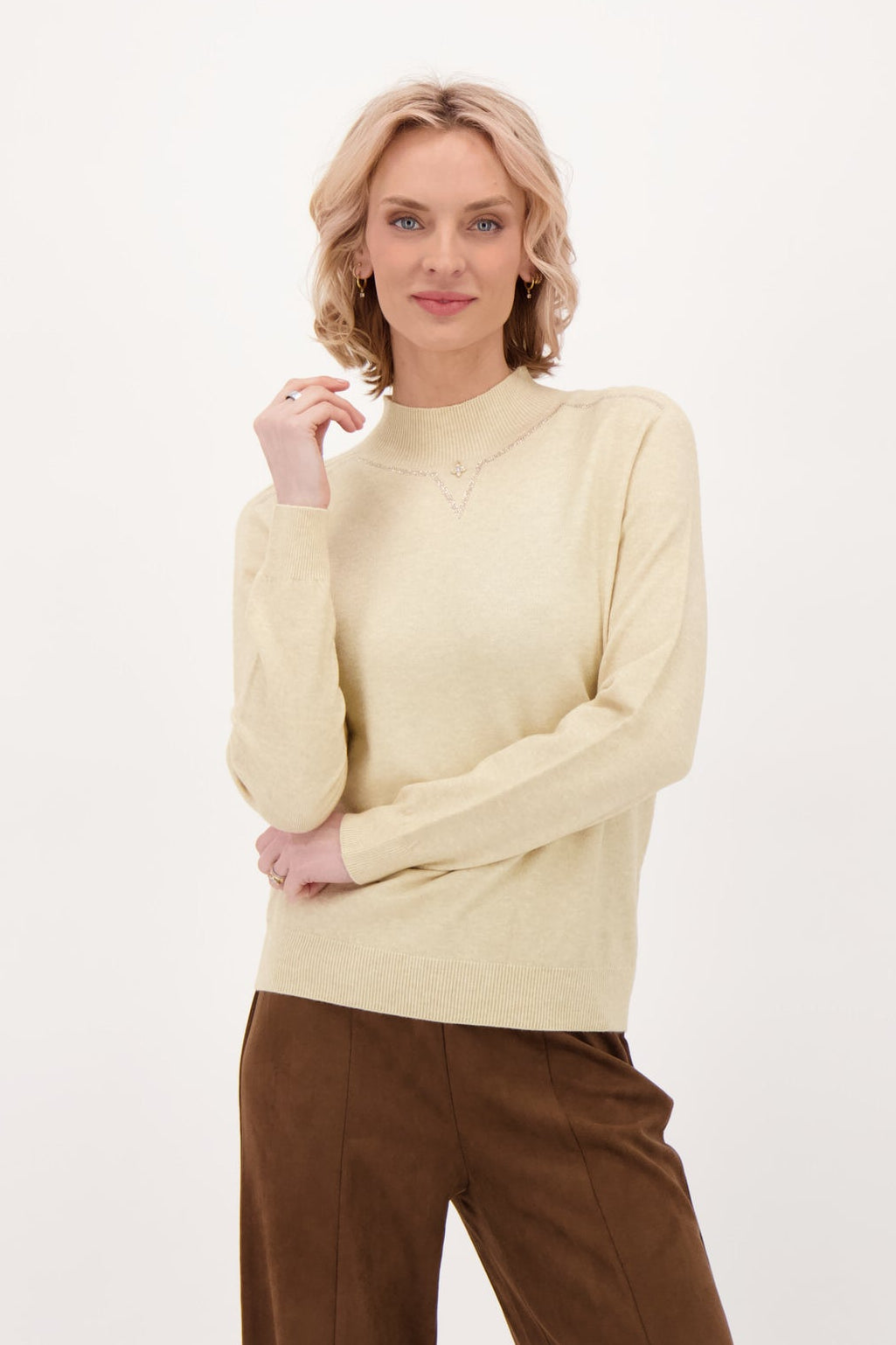 Mock Neck Sweater Wiith Neckline Hot Fix Beads