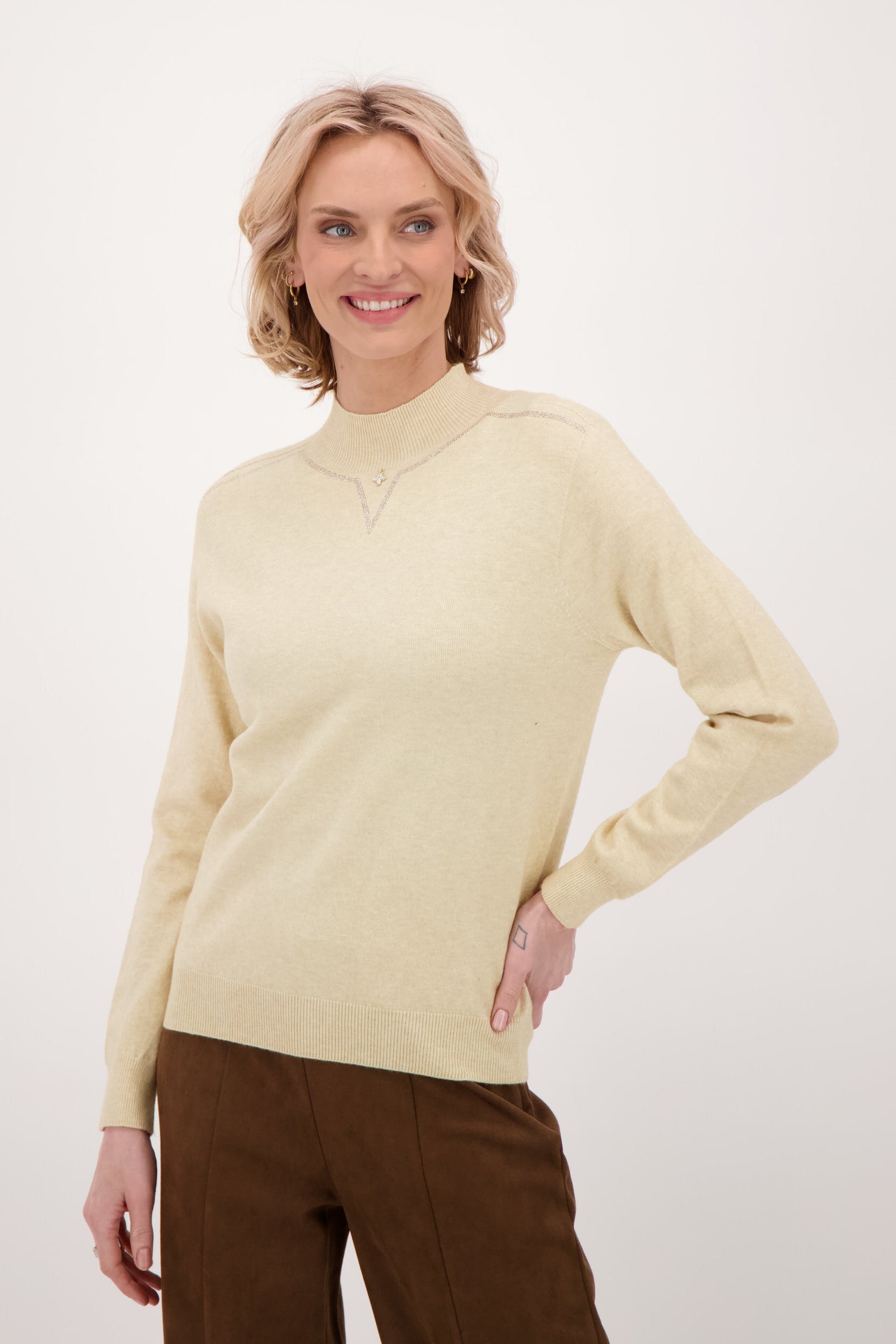 Mock Neck Sweater Wiith Neckline Hot Fix Beads