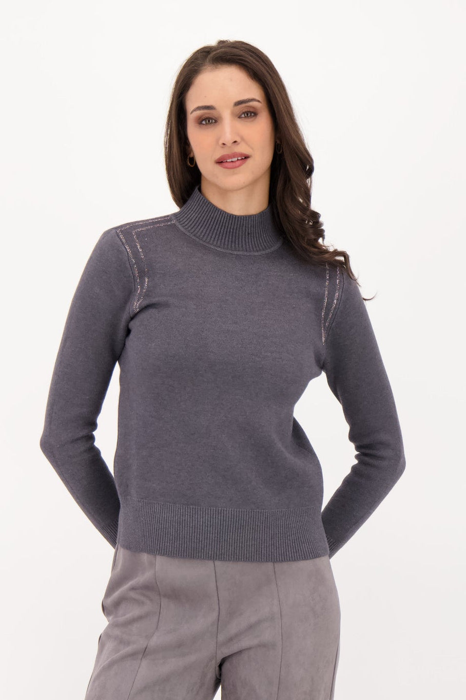 Plush Fleece Lined Sweater With Shoulder Hot Fix Beads