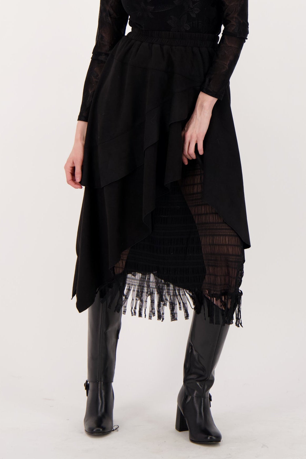 Layered Vegan Sueded Mesh Fringe Skirt