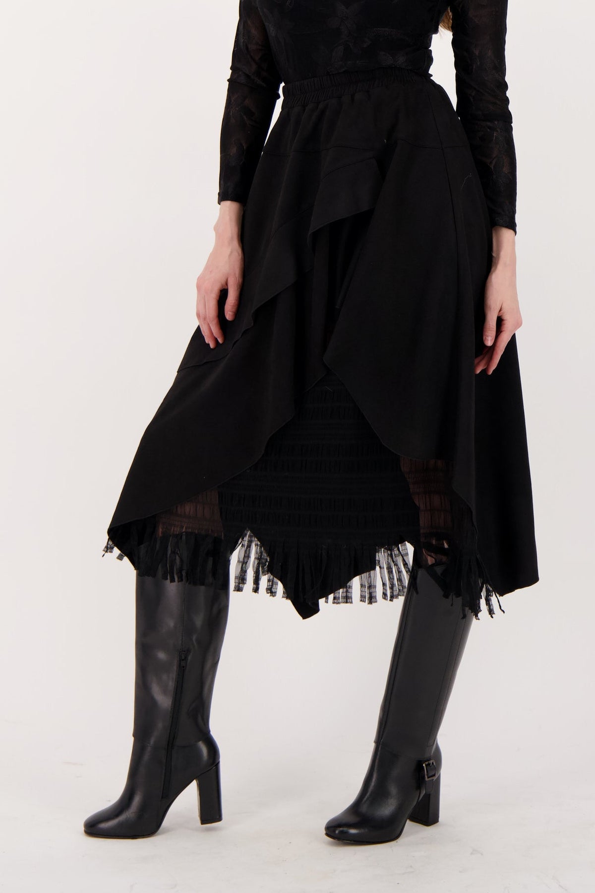 Layered Vegan Sueded Mesh Fringe Skirt