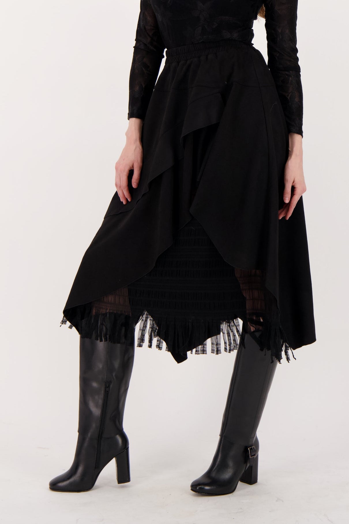 Layered Vegan Sueded Mesh Fringe Skirt