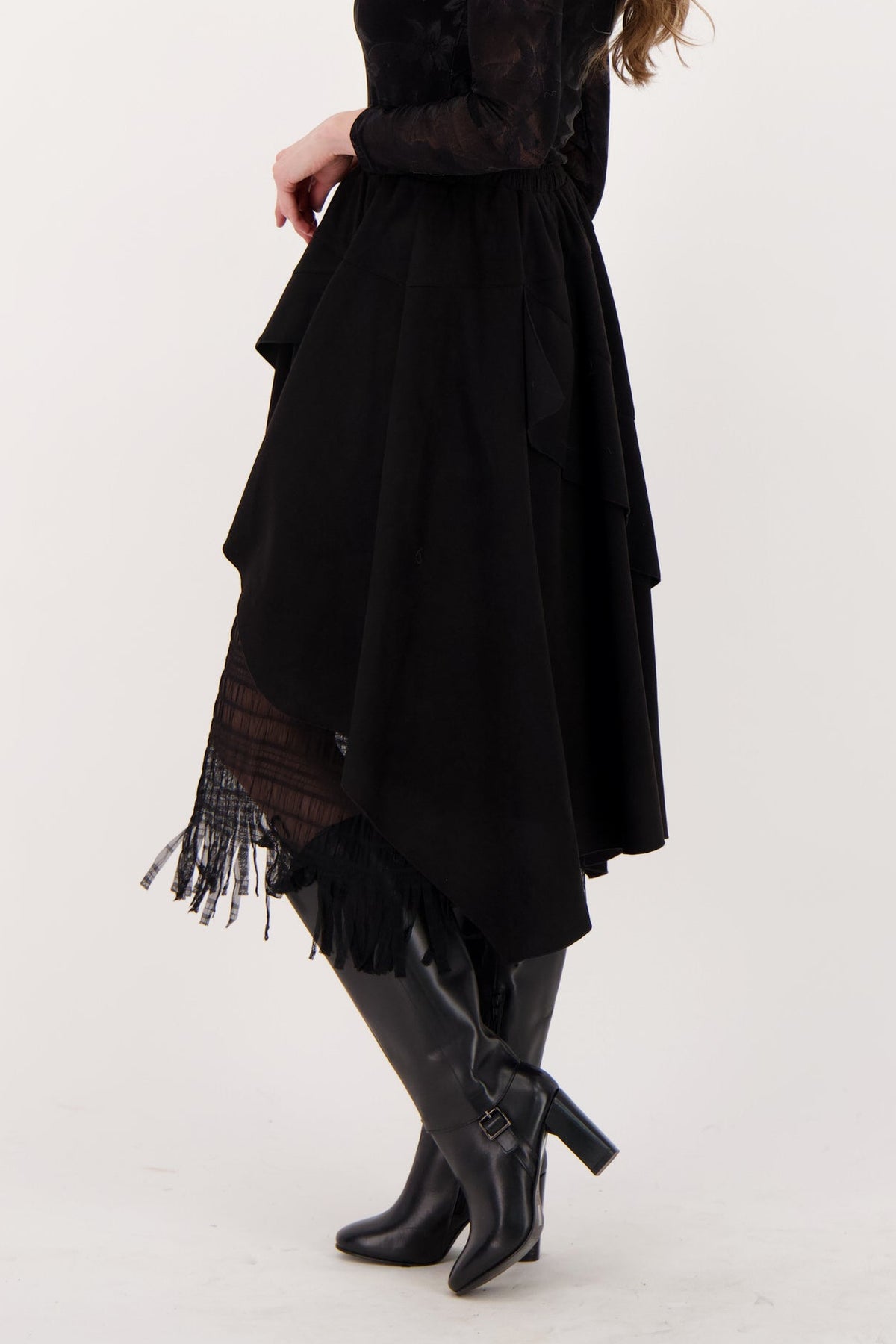 Layered Vegan Sueded Mesh Fringe Skirt