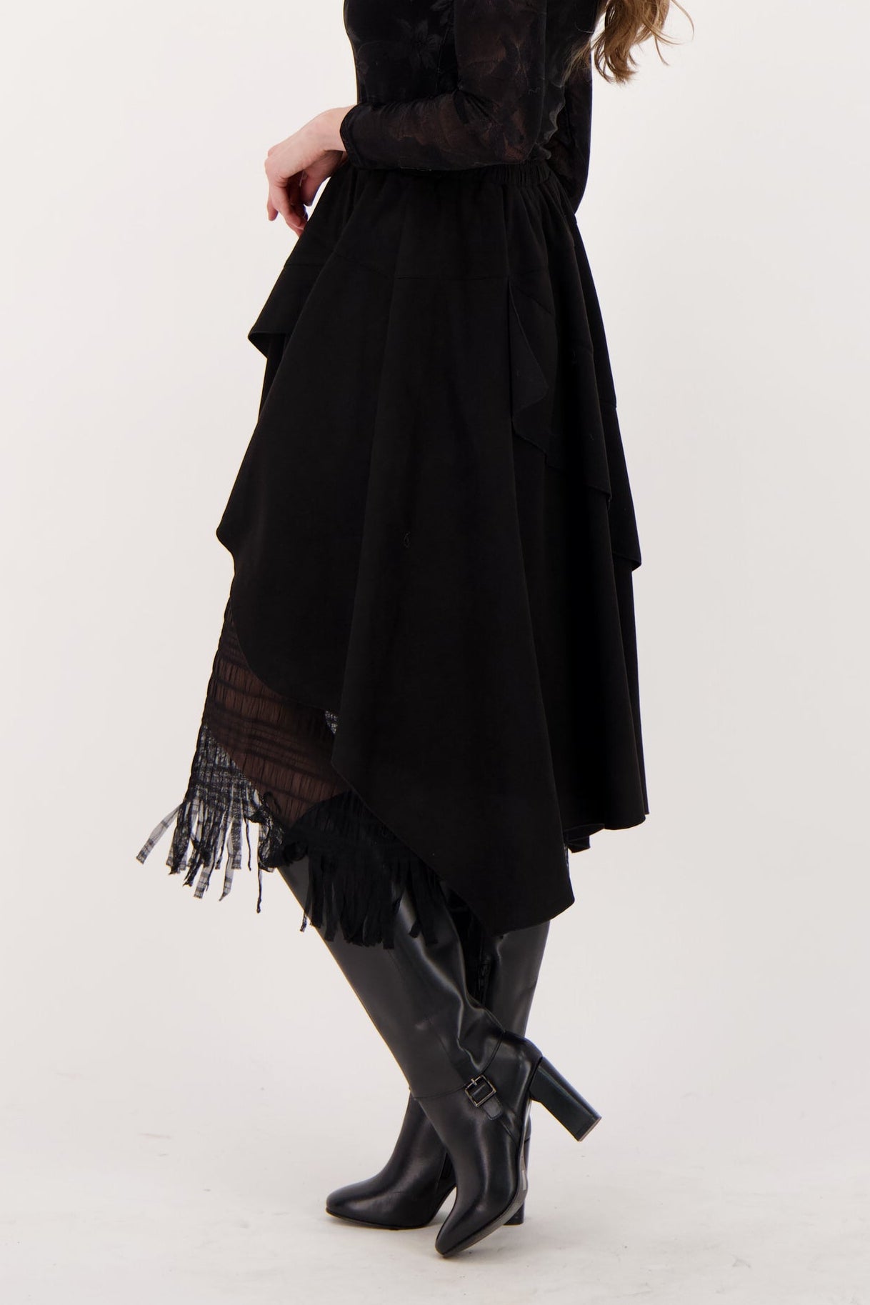 Layered Vegan Sueded Mesh Fringe Skirt