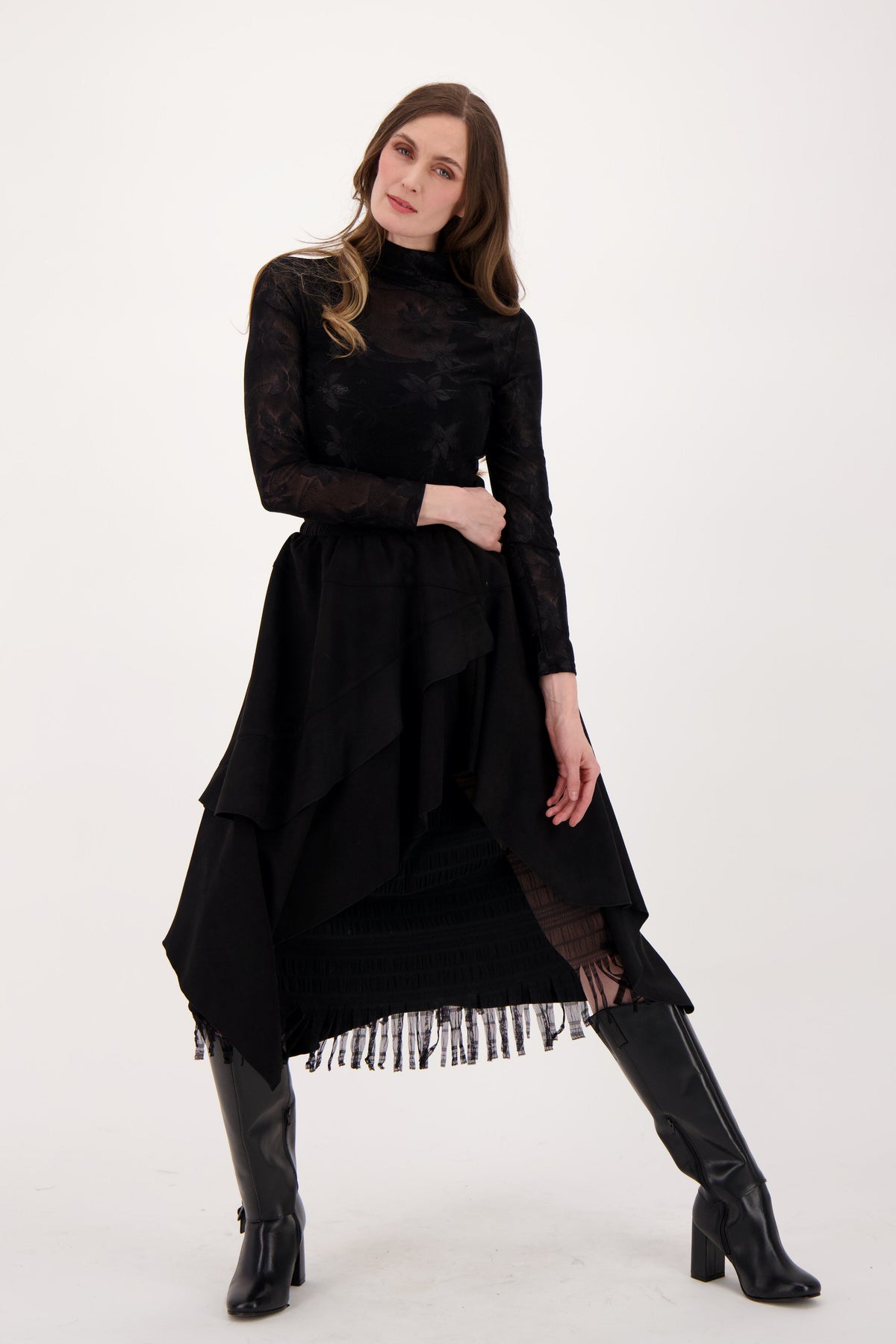 Layered Vegan Sueded Mesh Fringe Skirt