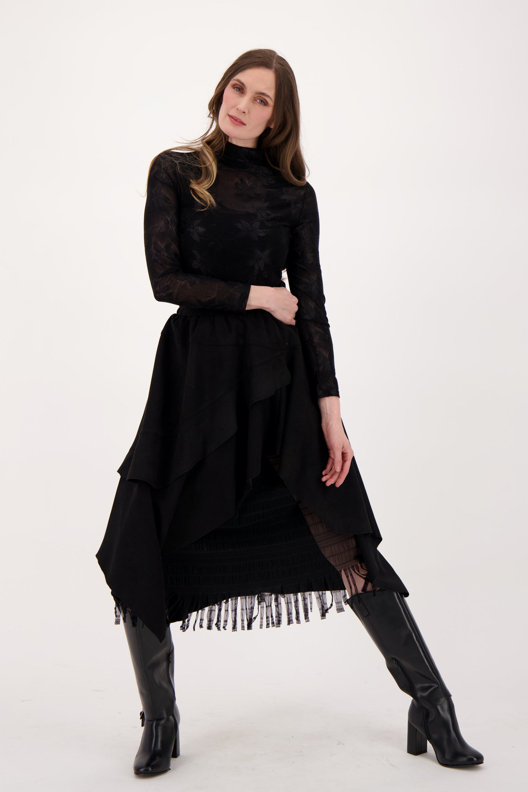 Layered Vegan Sueded Mesh Fringe Skirt