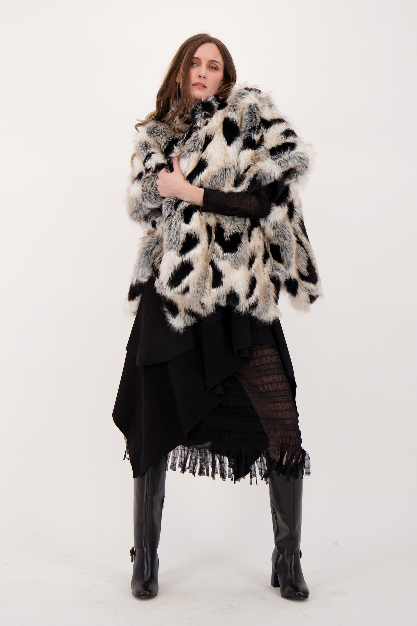 Layered Vegan Sueded Mesh Fringe Skirt
