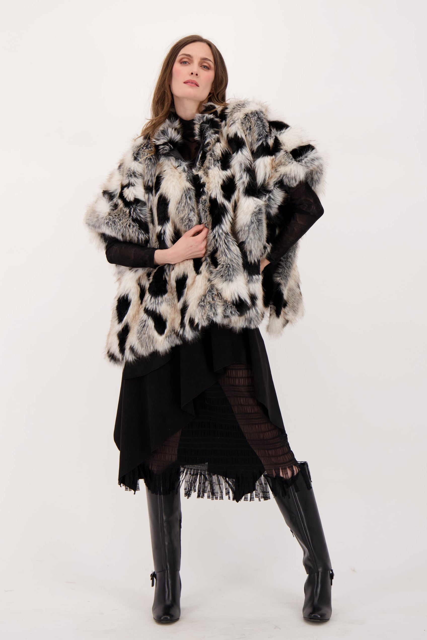 Layered Vegan Sueded Mesh Fringe Skirt