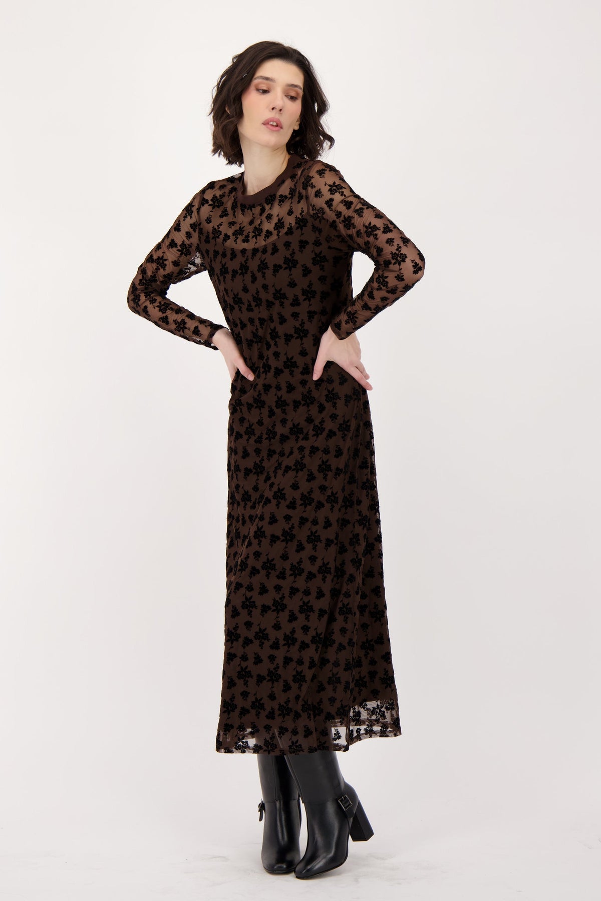 Flocked Floral Mesh Lined Dress