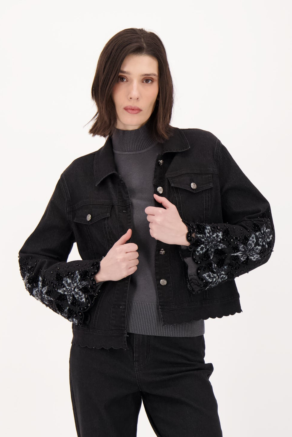 Velboa Leopard Cut Out Beaded Inlay Denim Jacket