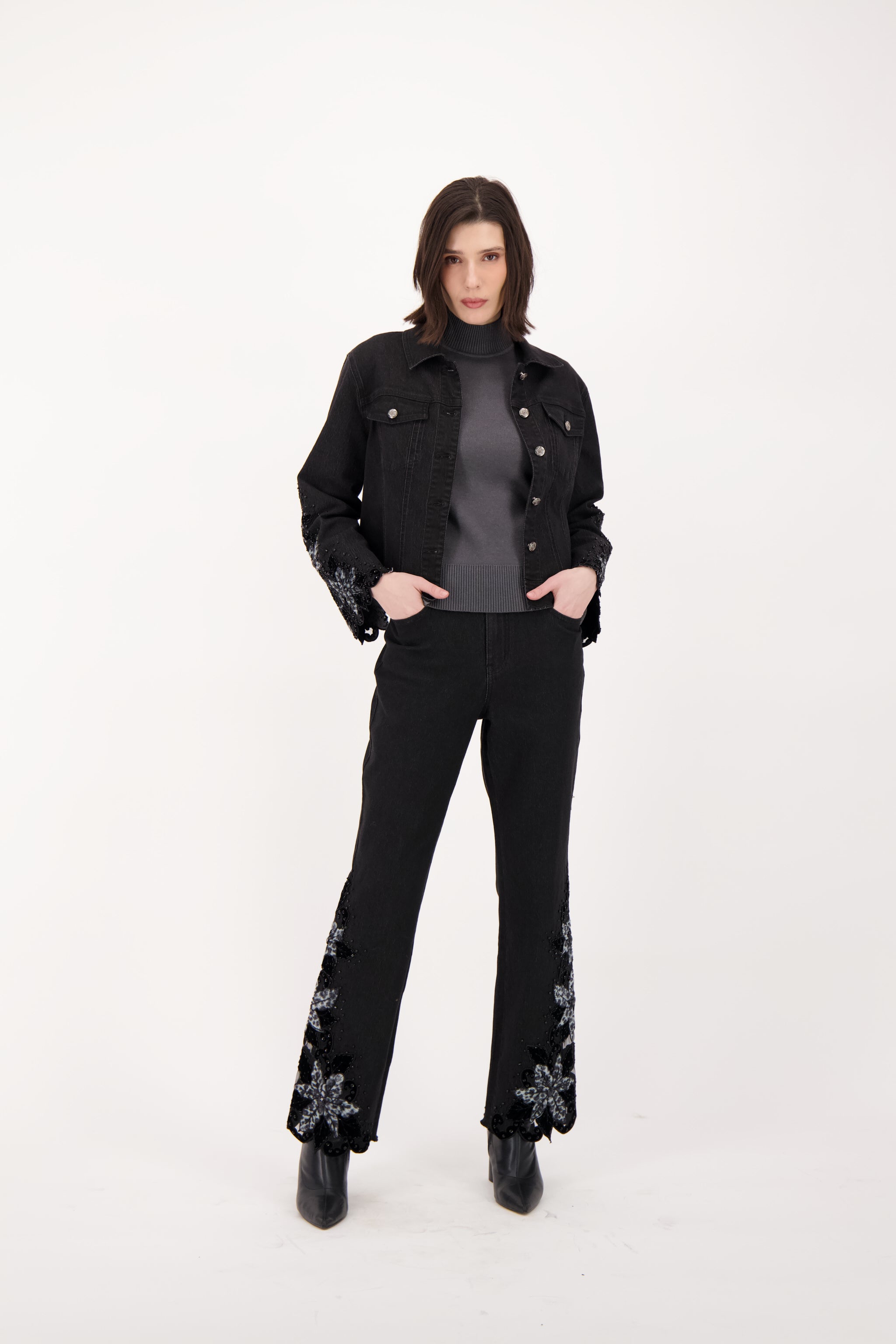 Velboa Leopard Cut Out Beaded Inlay Denim Jacket