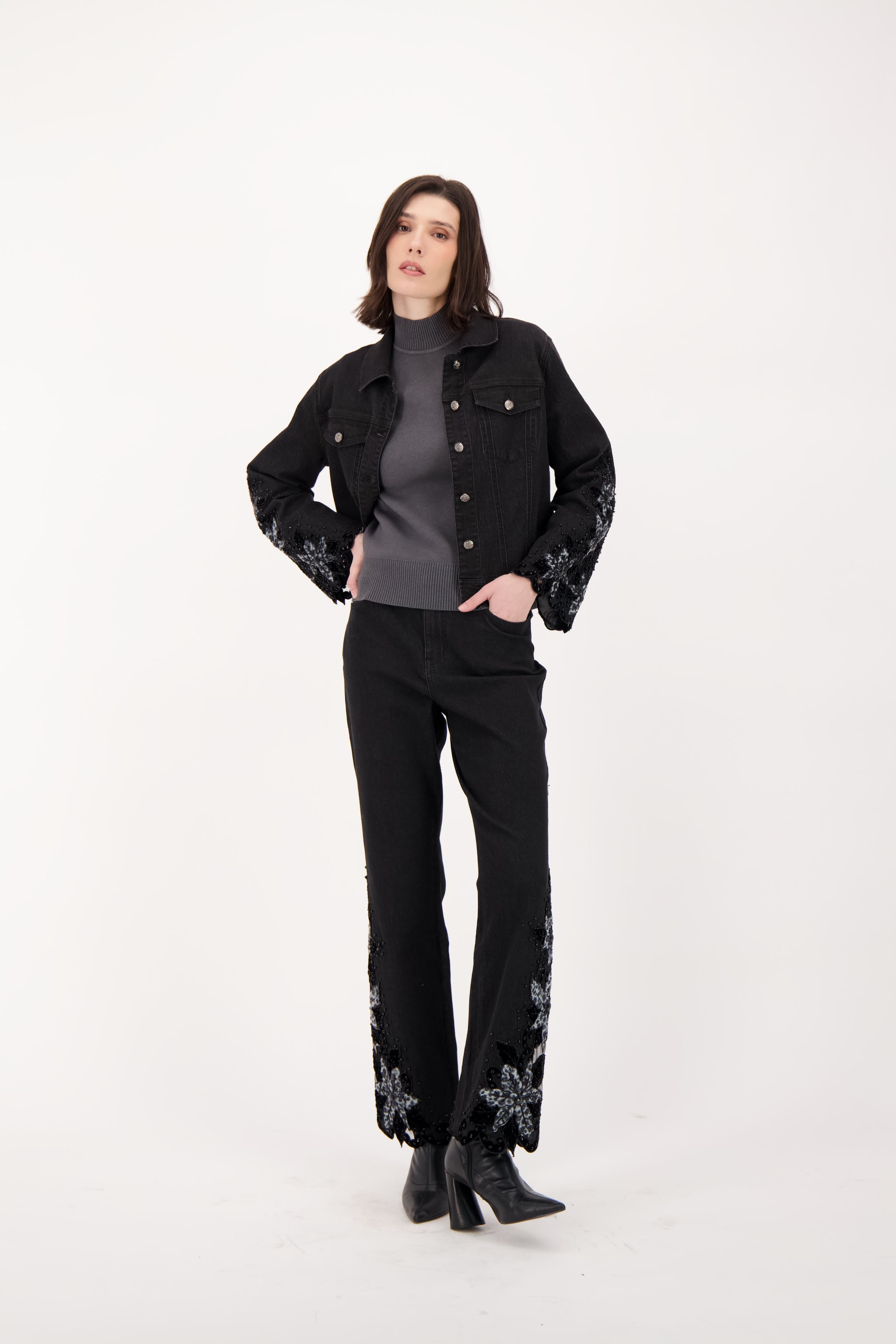Velboa Leopard Cut Out Beaded Inlay Denim Jacket