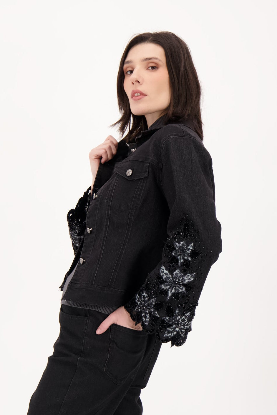 Velboa Leopard Cut Out Beaded Inlay Denim Jacket