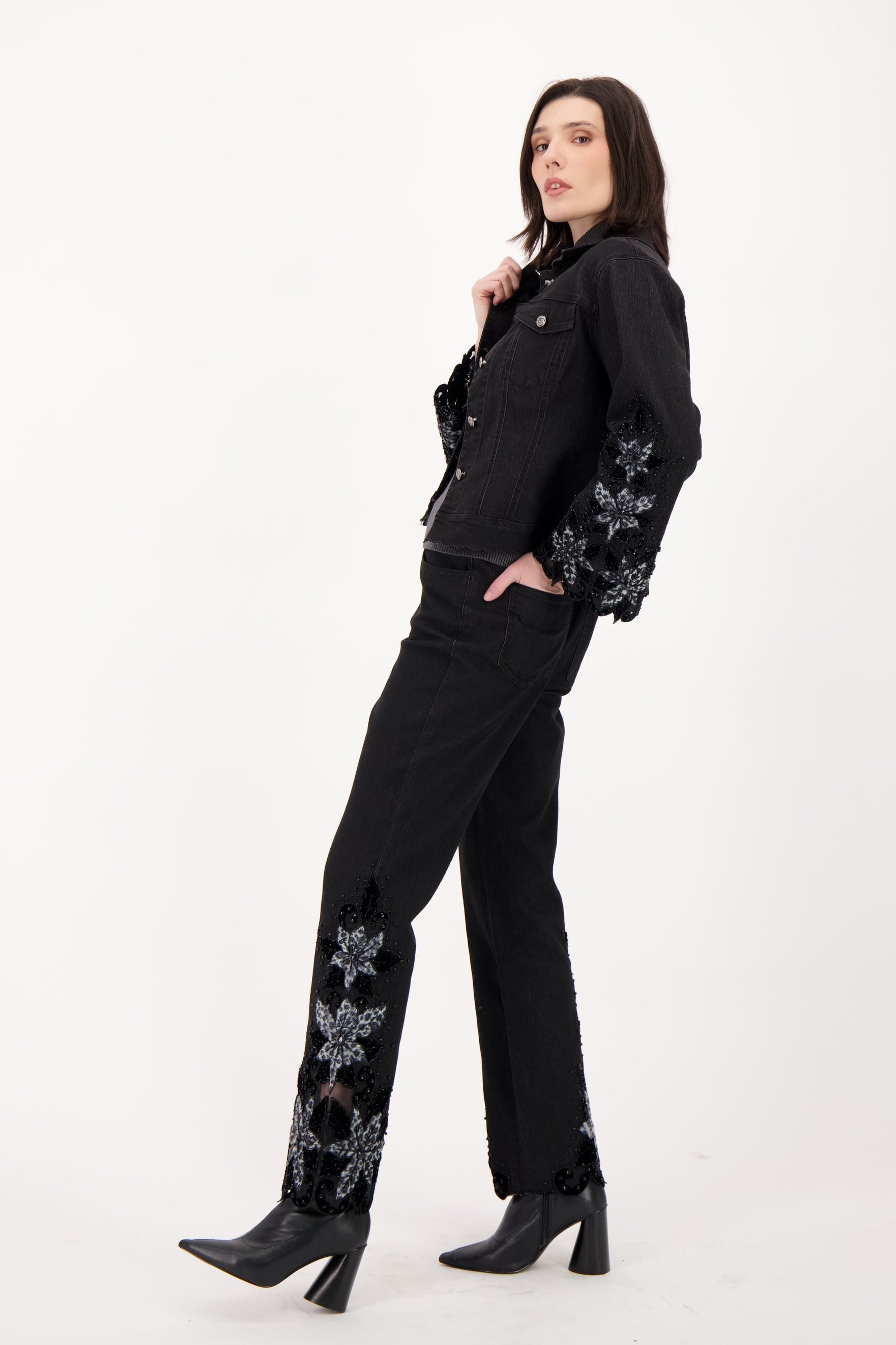 Velboa Leopard Cut Out Beaded Inlay Denim Pant