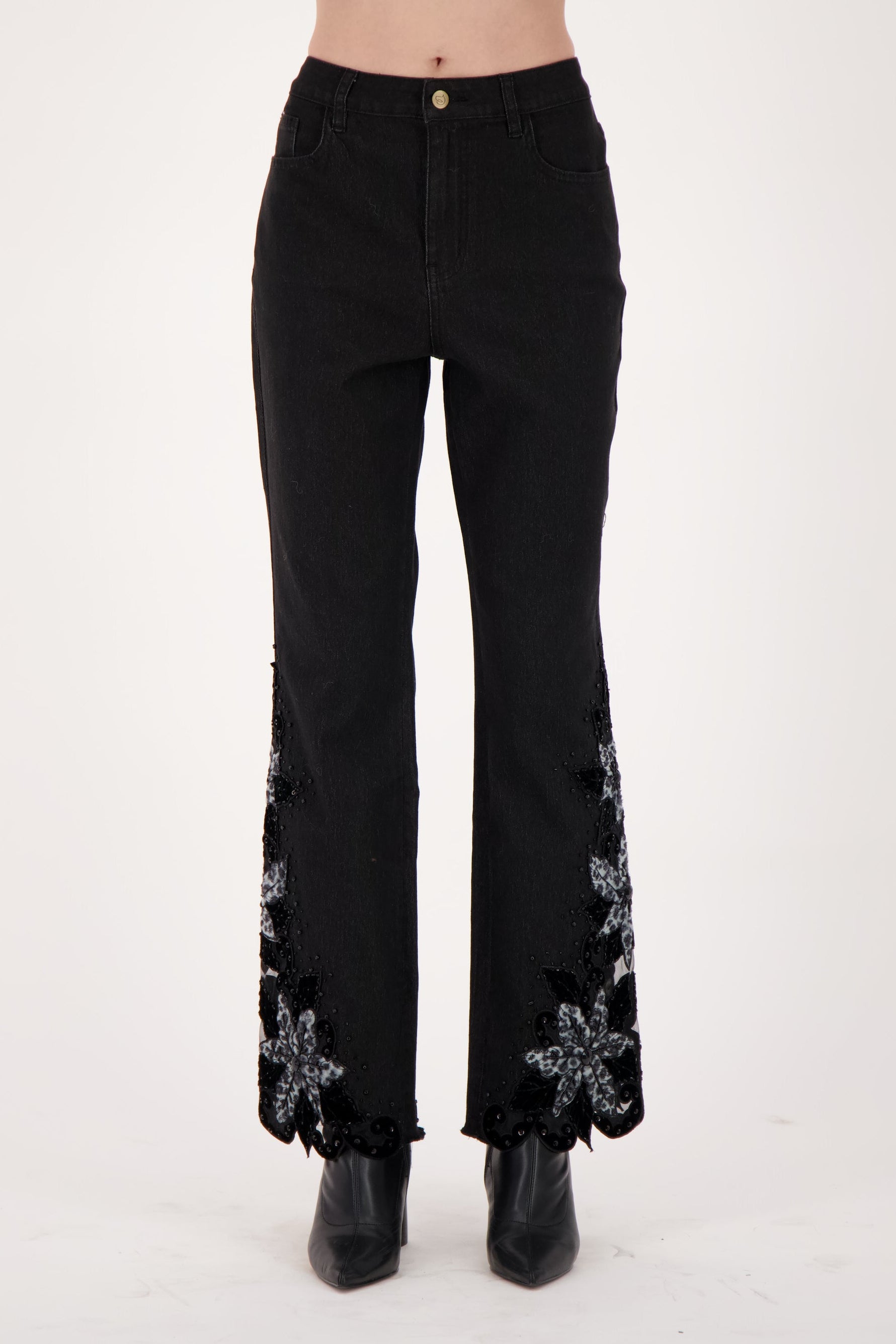 Velboa Leopard Cut Out Beaded Inlay Denim Pant